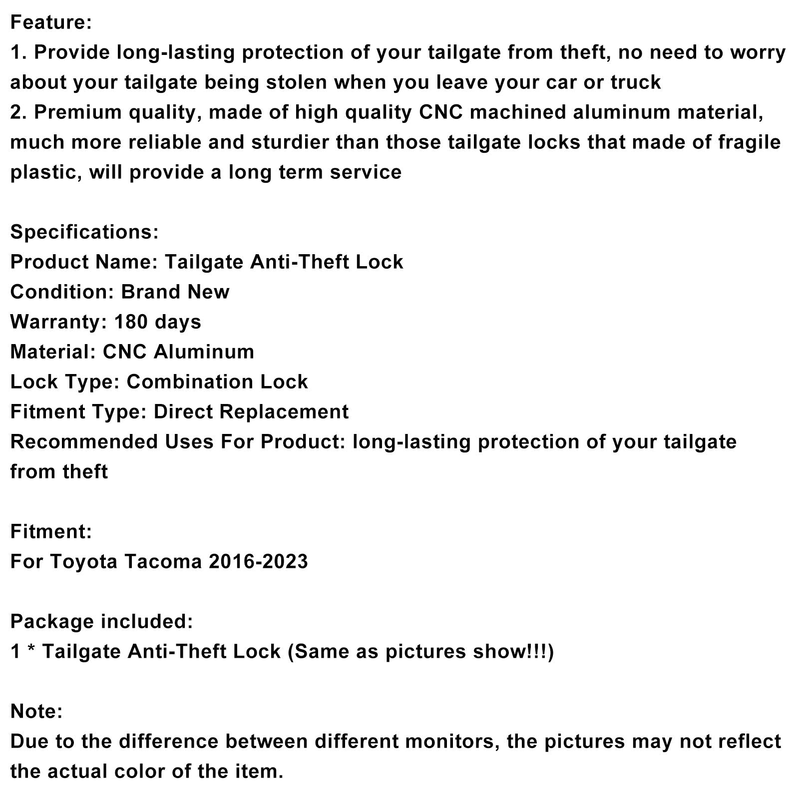 Dispositivo de seguridad para Toyota Tacoma 2016-2023 Tailgate de camión, bloqueo antirrobo para portón trasero