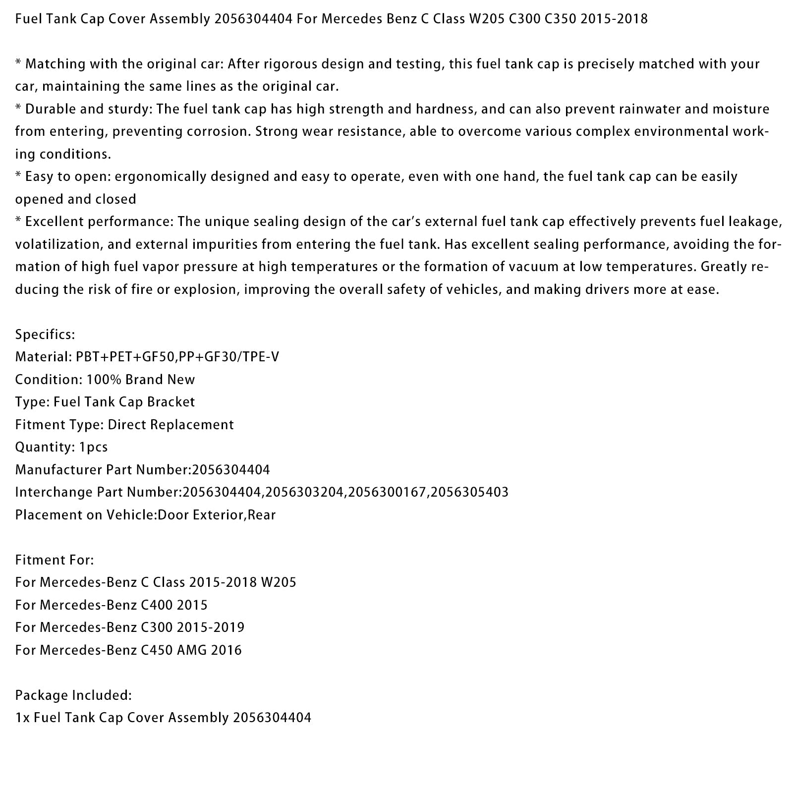 Support de bouchon de réservoir de carburant pour Mercedes-Benz C450 AMG 2016 (références : 2056304404, 2056300167, 2056305403)