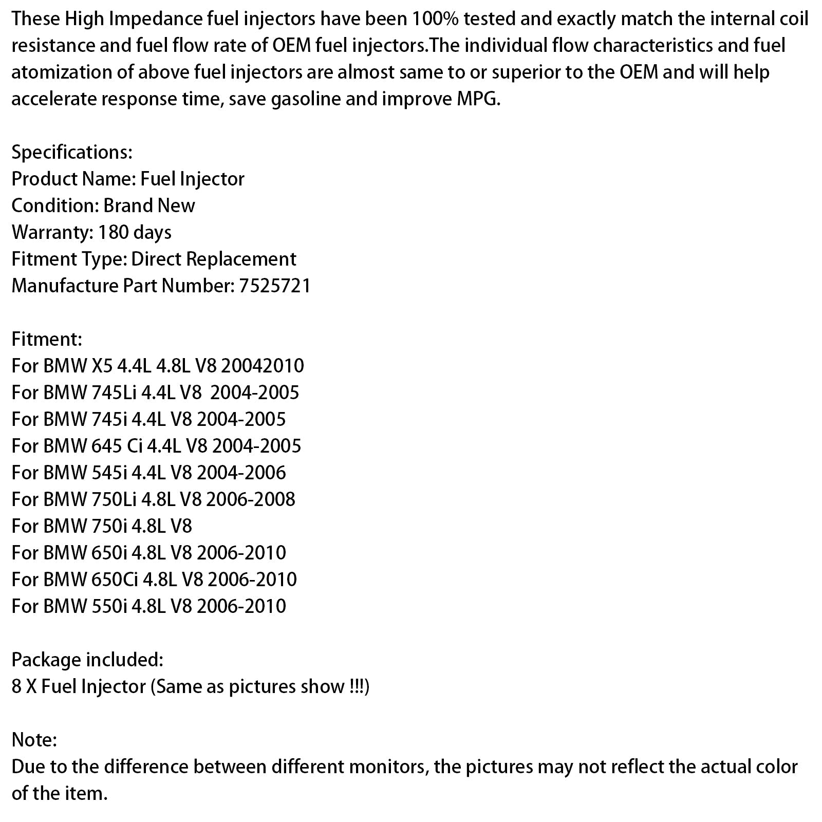 Iniettore di carburante a 8 pezzi 7525721 per Siemens 04-2010 per BMW X5 745LI/I 645CI 545i