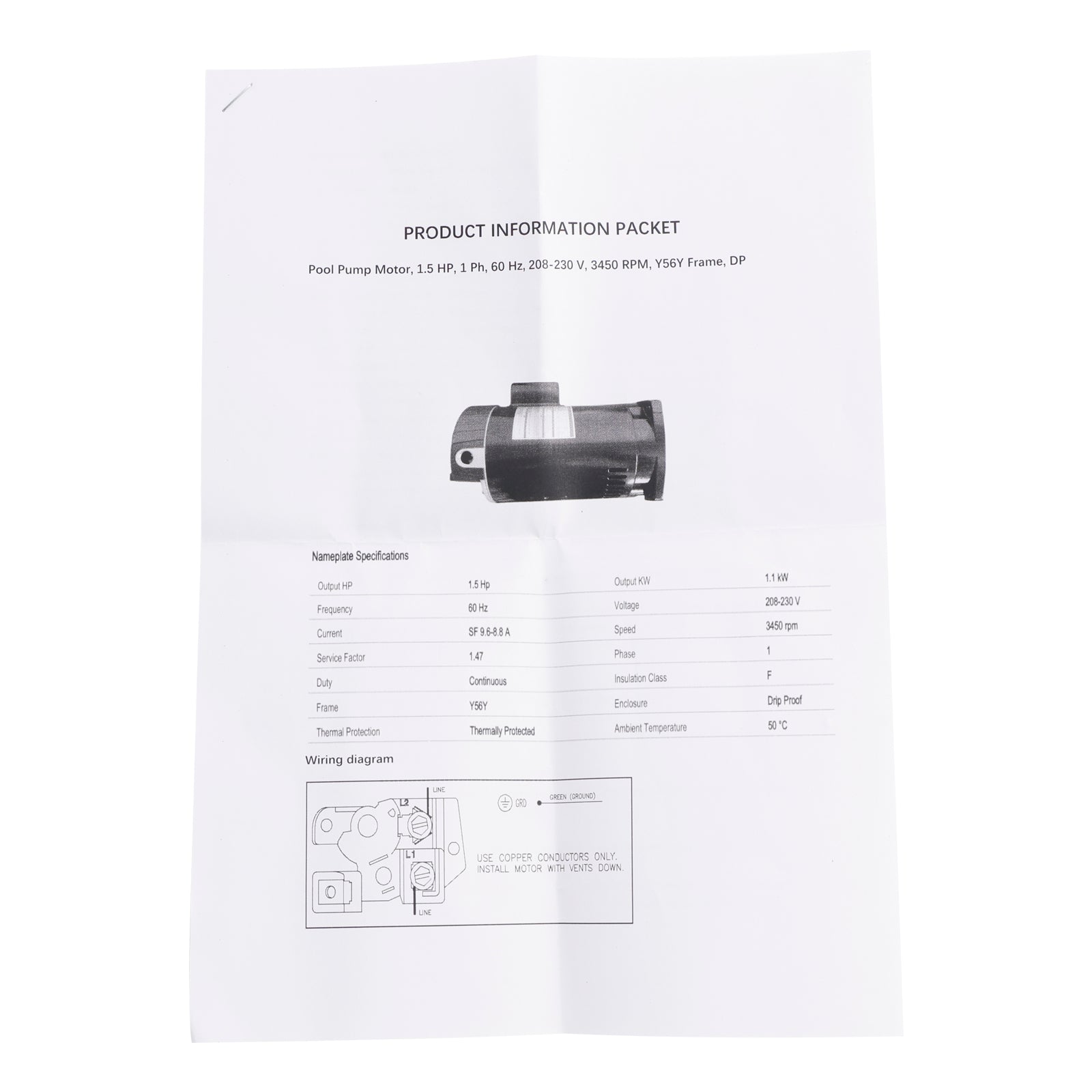 B2842 1.5 CV Motor de piscina 230 V 3 450 RPM