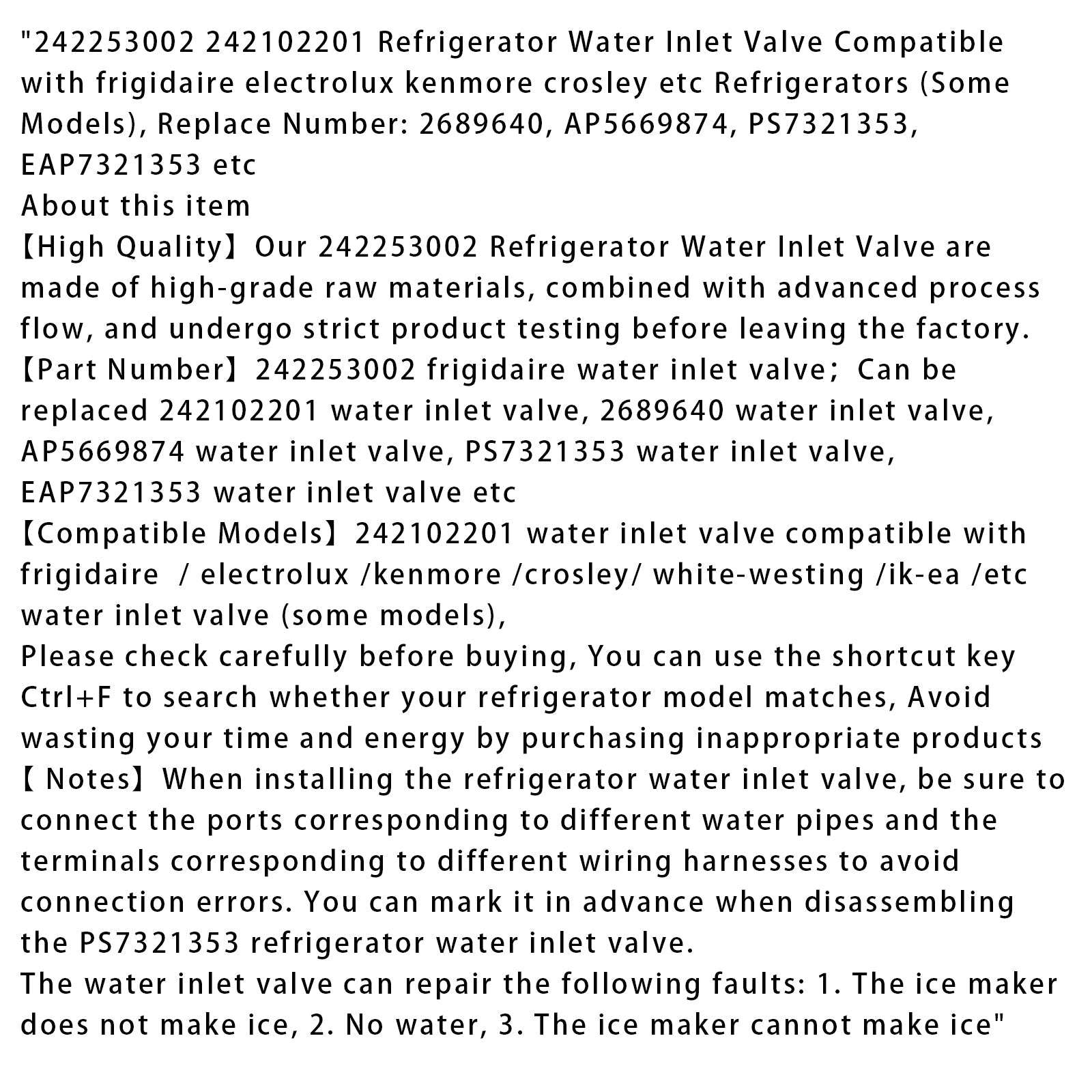 Vanne d'admission d'eau pour machine à glaçons de réfrigérateur (242253002) pour Frigidaire/Electrolux