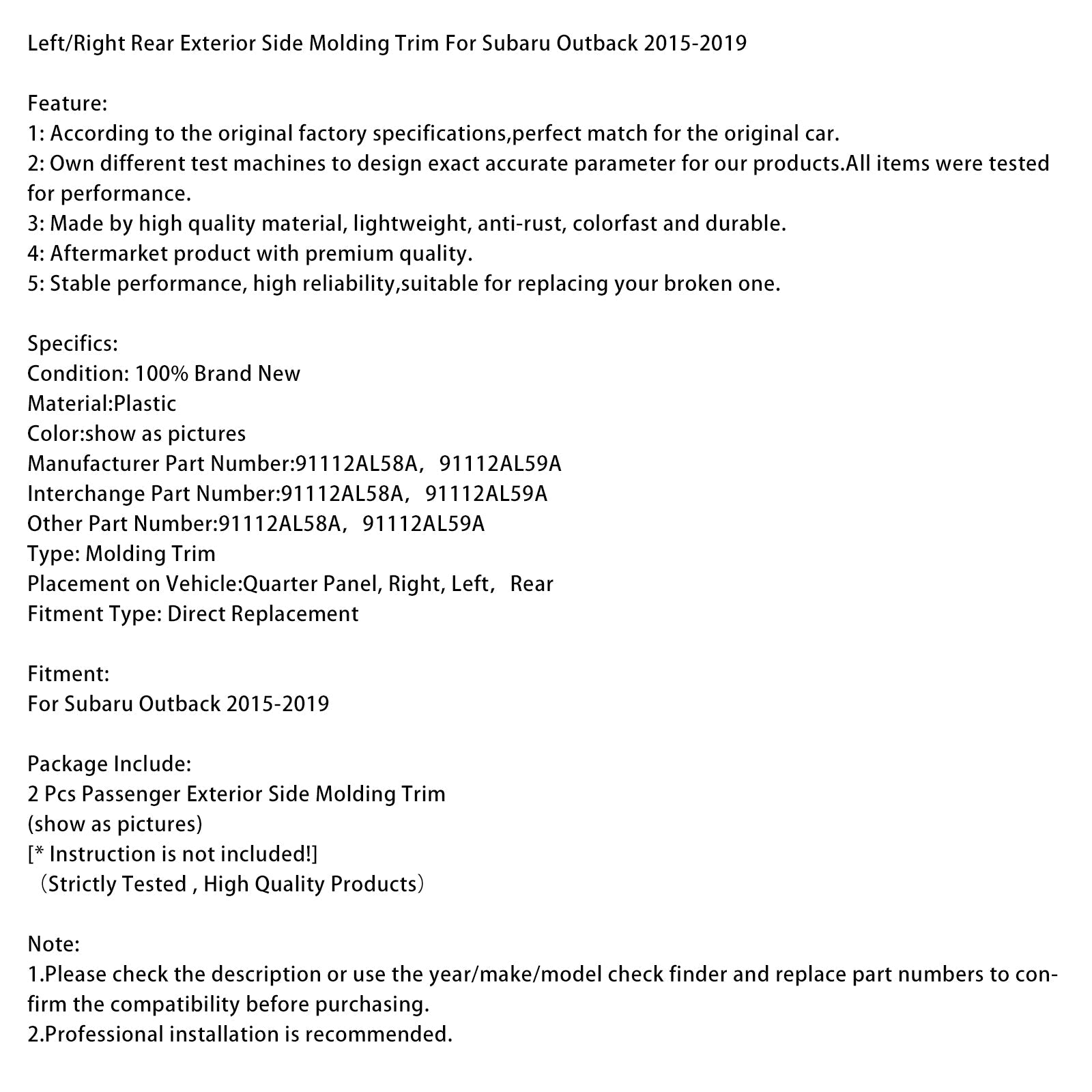 Zadnja leva/desna zunanja stranska letev za Subaru Outback 2015-2019