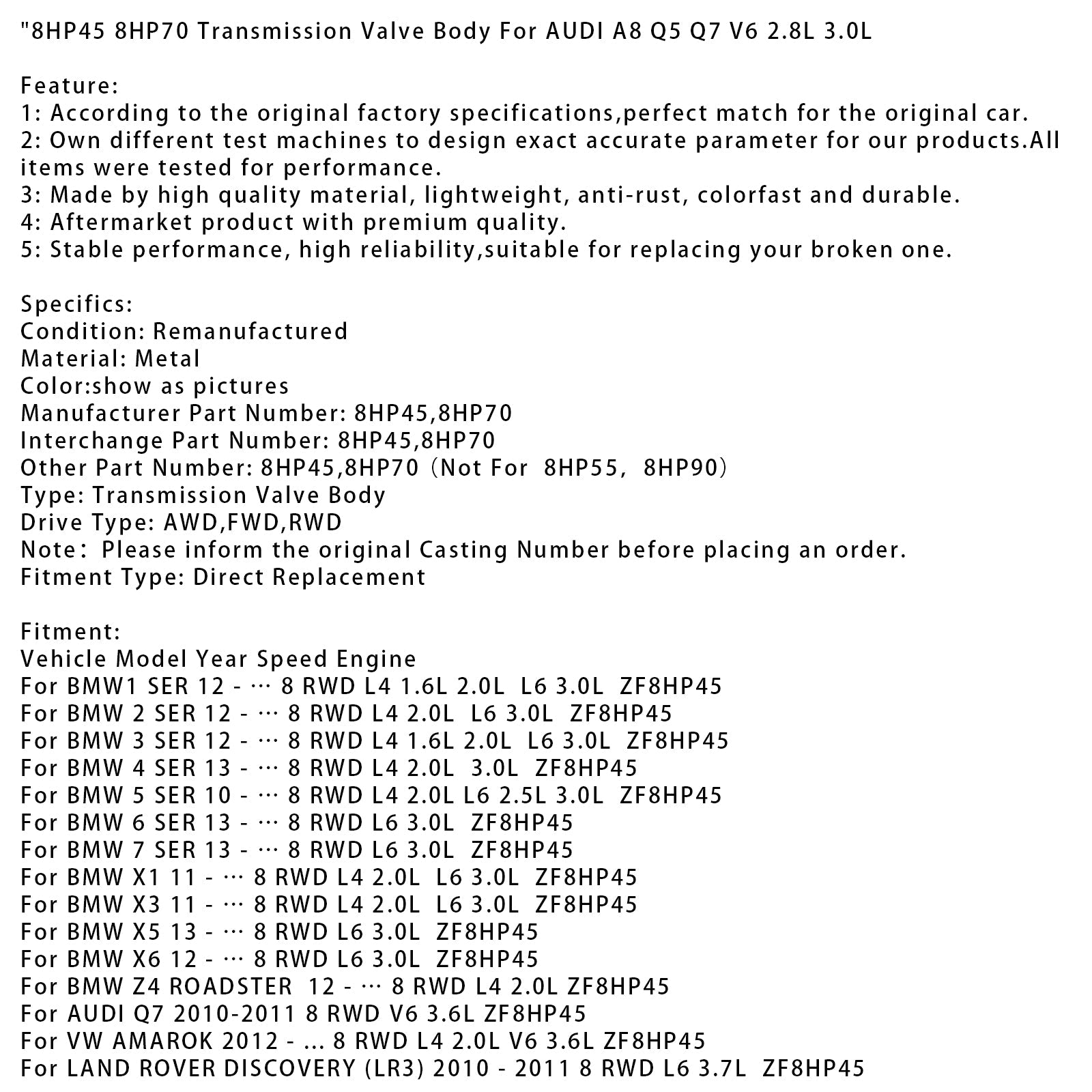 Corps de soupapes de transmission pour Jeep Grand Cherokee 8 RWD L6 3.0L V6 3.0L 3.6L (à partir de 2011) : 8HP45 et 8HP70