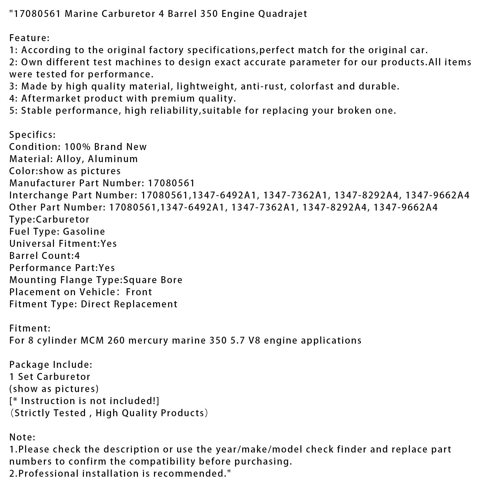 17080561 Carburateur marin 4 corps pour moteur 350