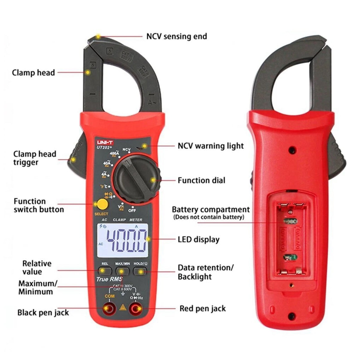 UT202+ handmultimeter, automatische bereikselectie, True RMS-stroomtang met LCD-scherm