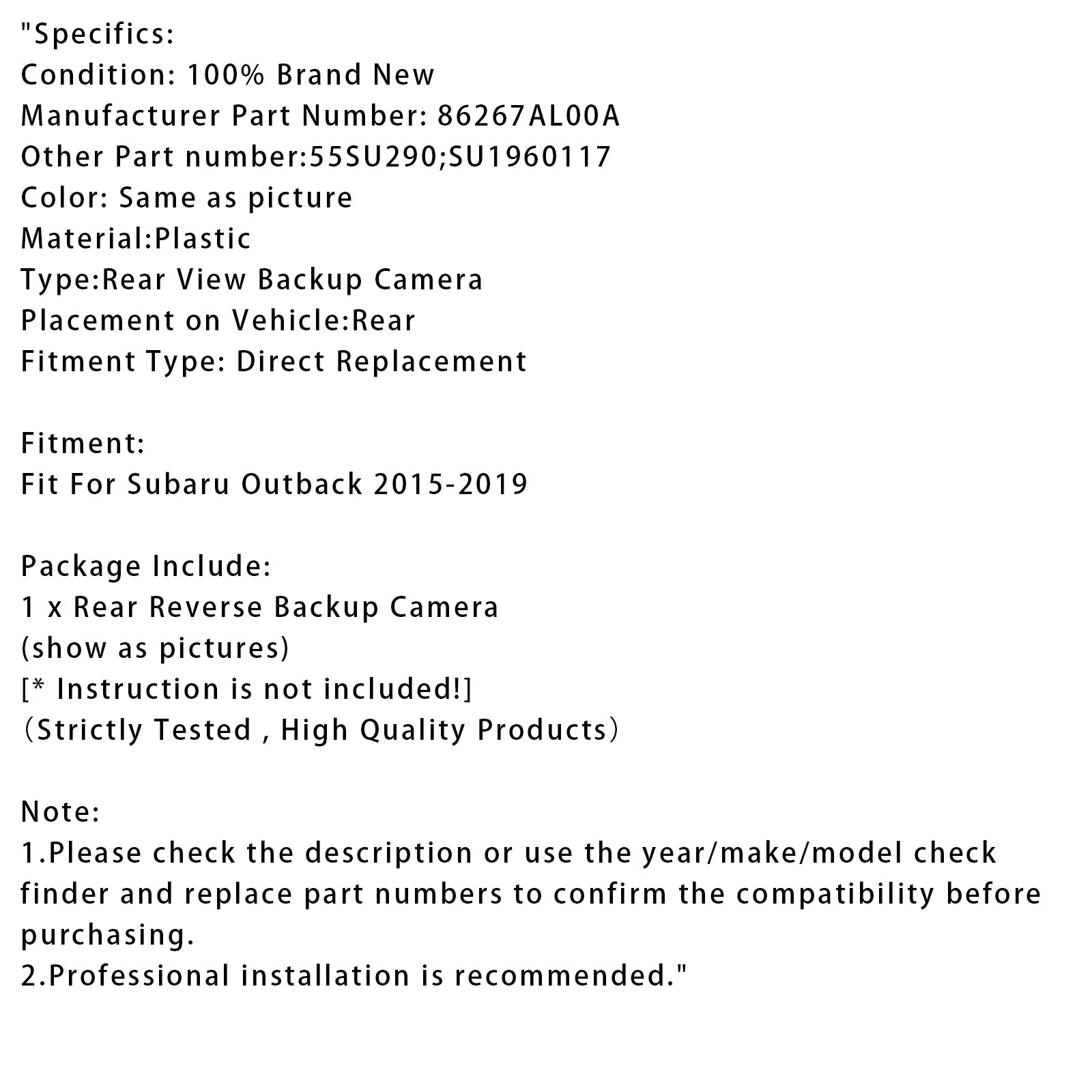 Telecamera posteriore e'Ausilio al parcheggio per Subaru Outback 2015-2019 86267AL00A