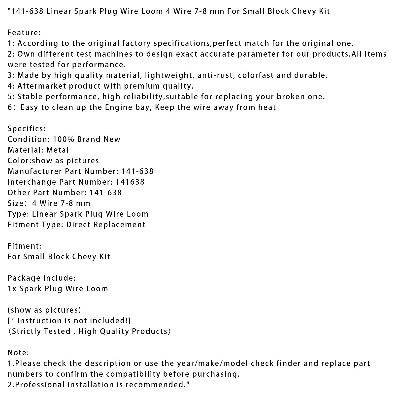 Kit de câblage de bougie d'allumage linéaire Small Block Chevy, 4 fils 7-8 mm 141-638