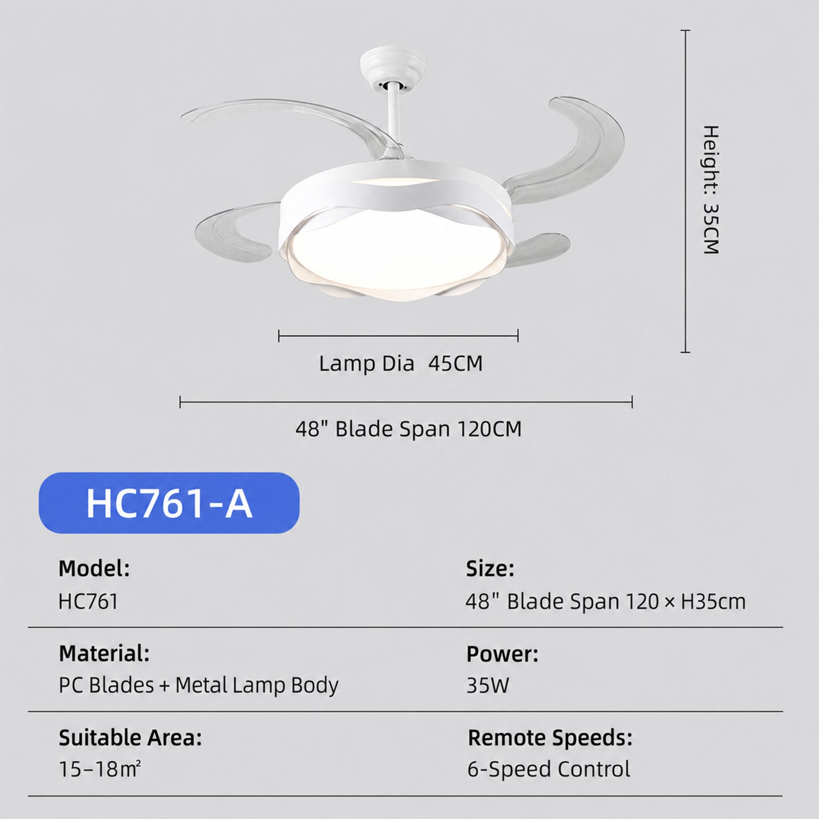 Ventilateur de Plafond Moderne 48" avec Éclairage – Pales Transparentes Rétractables, 6 Vitesses, 35 W, Contrôle par Application