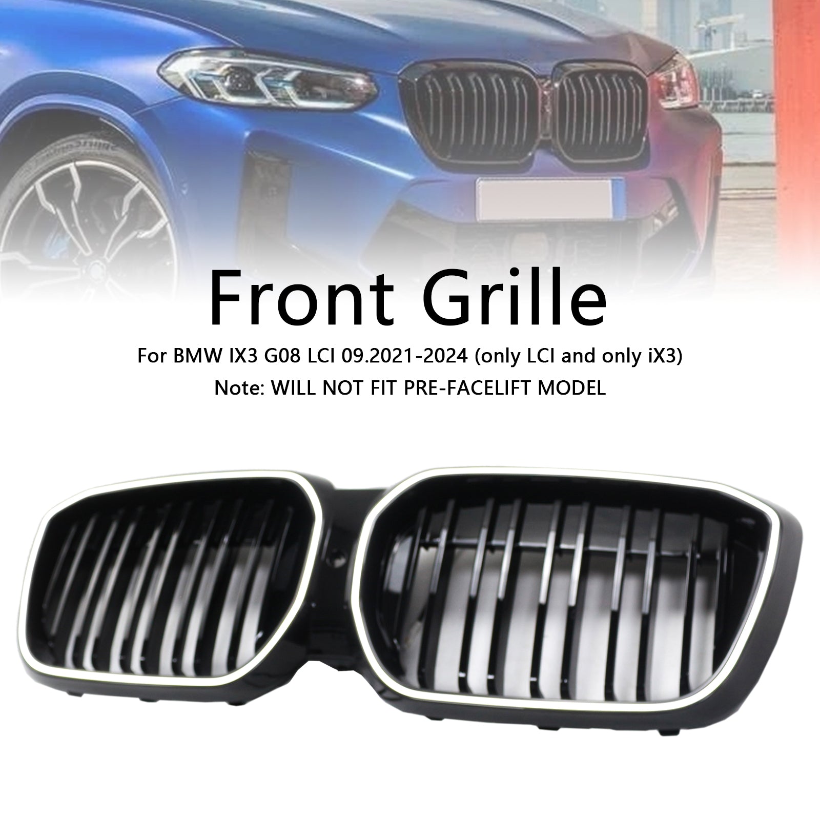 Grille de calandre avant noire à double lamelles pour BMW IX3 G08 LCI 2022-2024