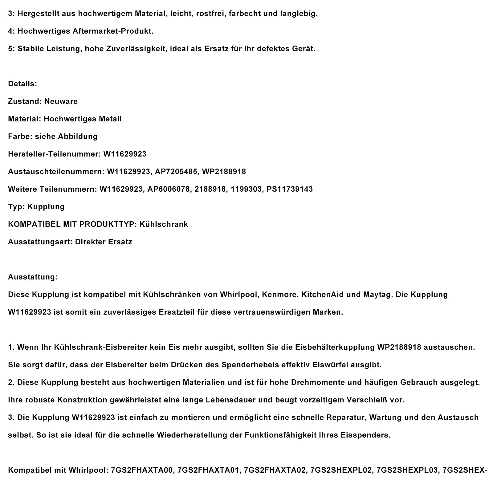 Povezava W11629923 za hladilnik Kenmore KitchenAid Maytag AP7205485 WP2188918