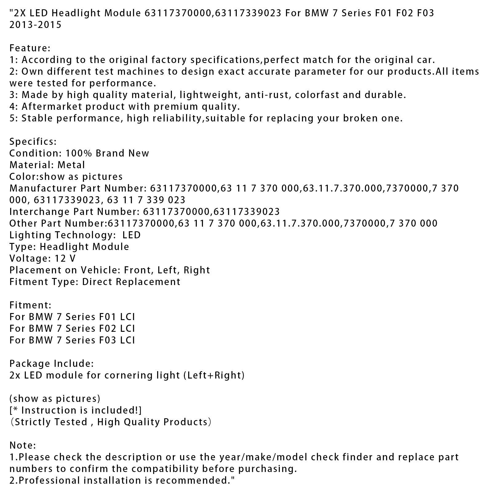 Module de phares à LED 2X pour BMW Série 7 F01 F02 F03 2013-2015 63117370000