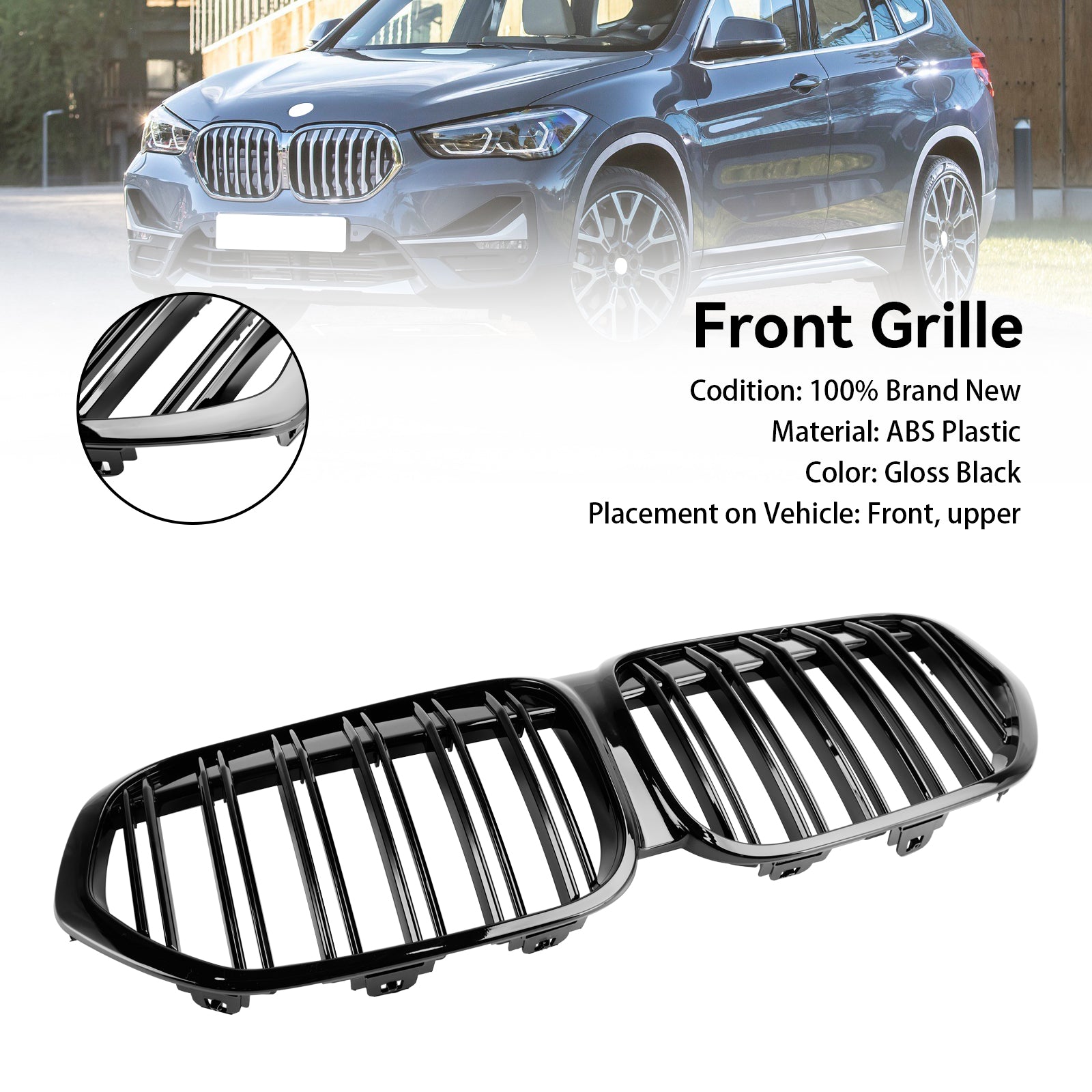 Gloss Black Front Nier Grill Grill voor BMW X1 F48 F49 2019-2021 Dubbele lat