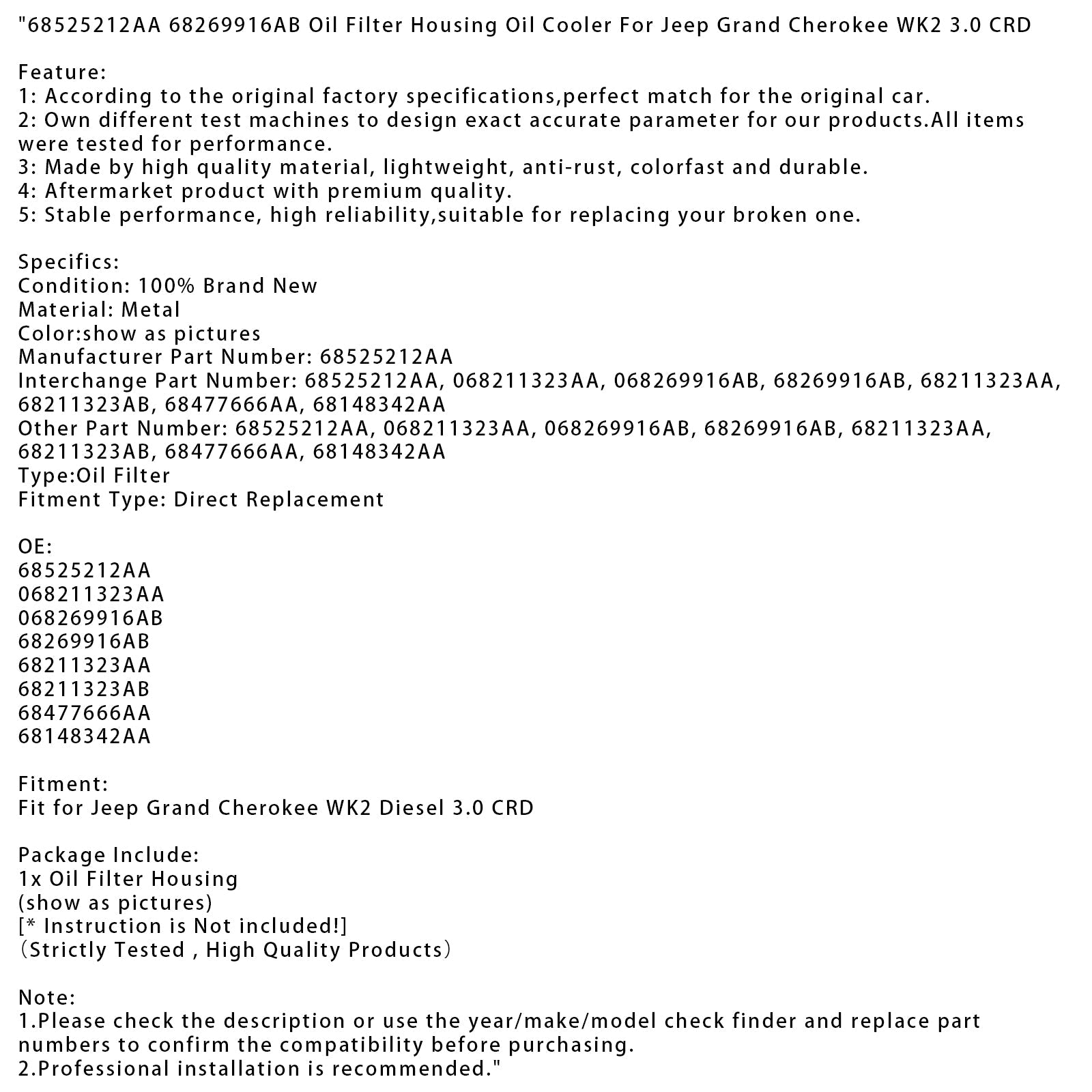 Alloggiamento del filtro dell'olio e radiatore'68525212AA olio per Jeep Grand Cherokee WK2 3.0 CRD