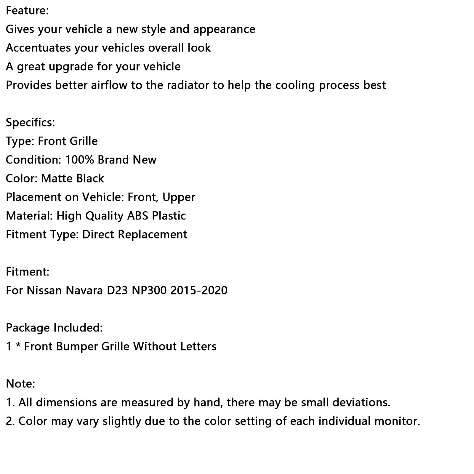 Rejilla de parachoques delantero negro mate para Nissan Navara NP300 D23 2015-2020