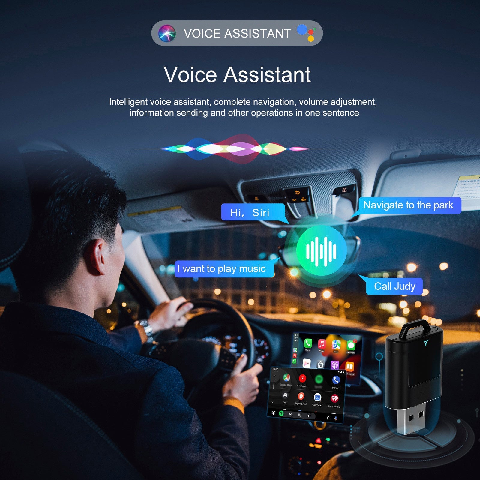 Adaptateur 2 en 1 sans fil Apple CarPlay et Android Auto : passage d'une fonction filaire à une fonction sans fil CarPlay.