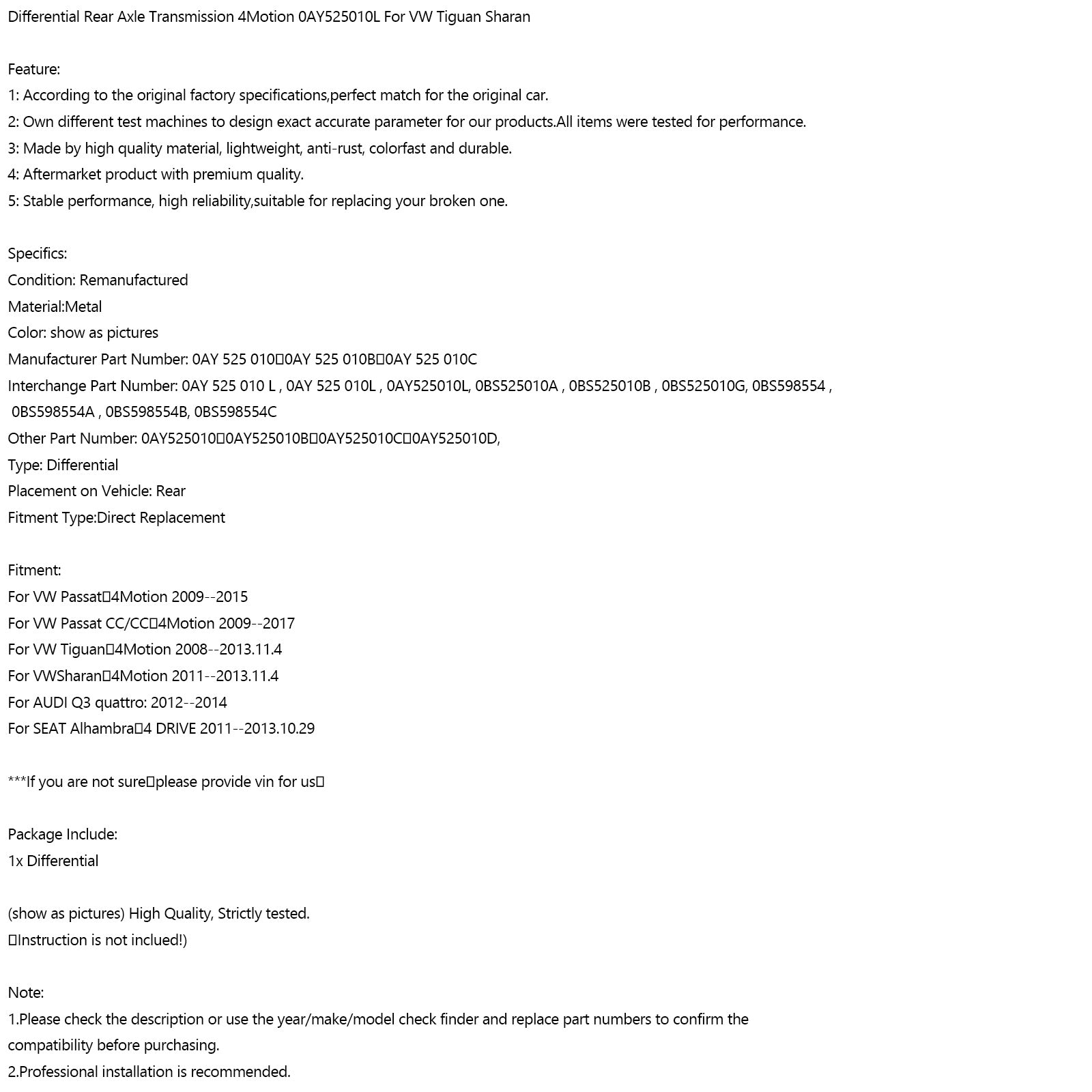 Transmisión trasera diferencial VW 4Motion - Part original