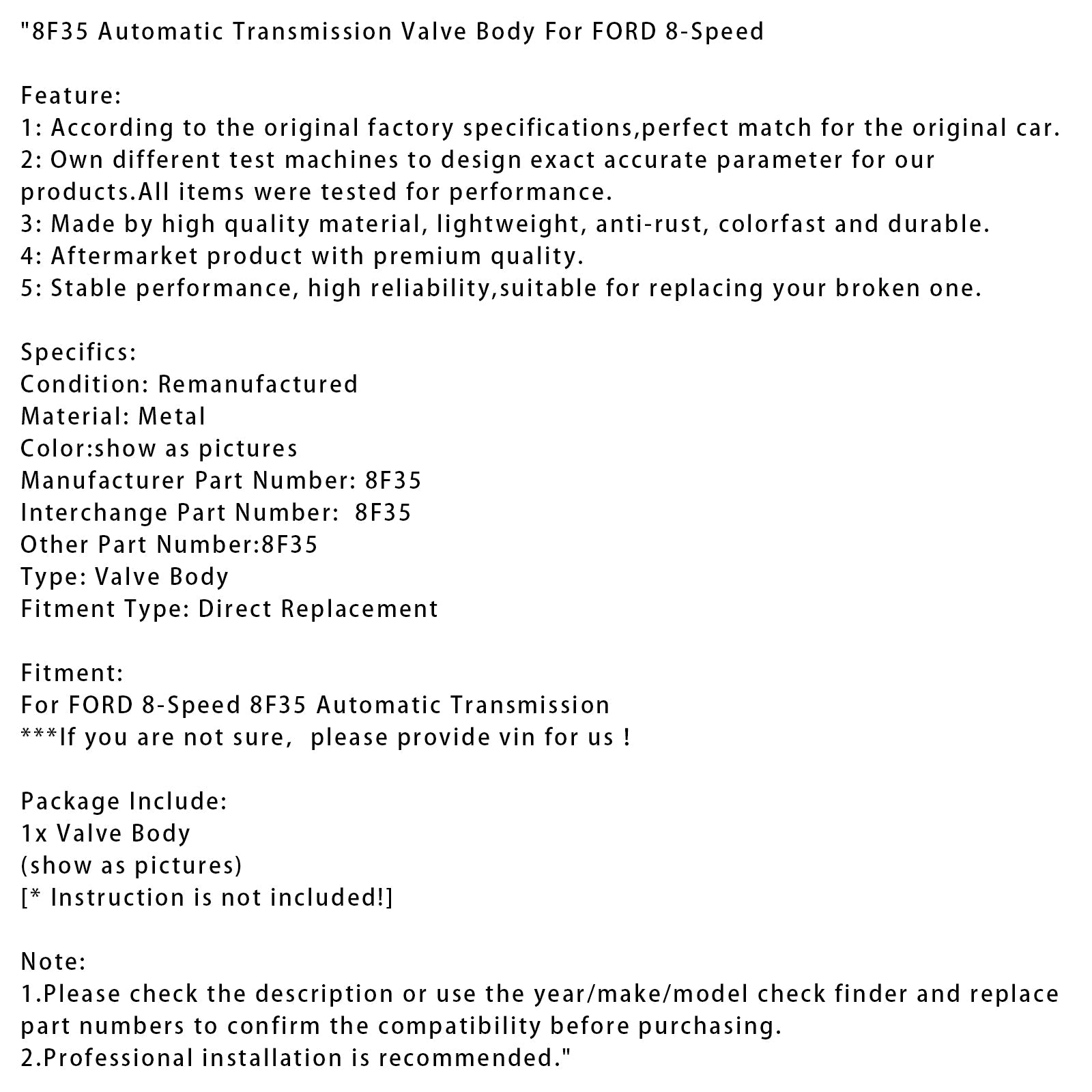 Corps de soupapes de transmission automatique mécanique FORD à 8 vitesses, modèle 8F35