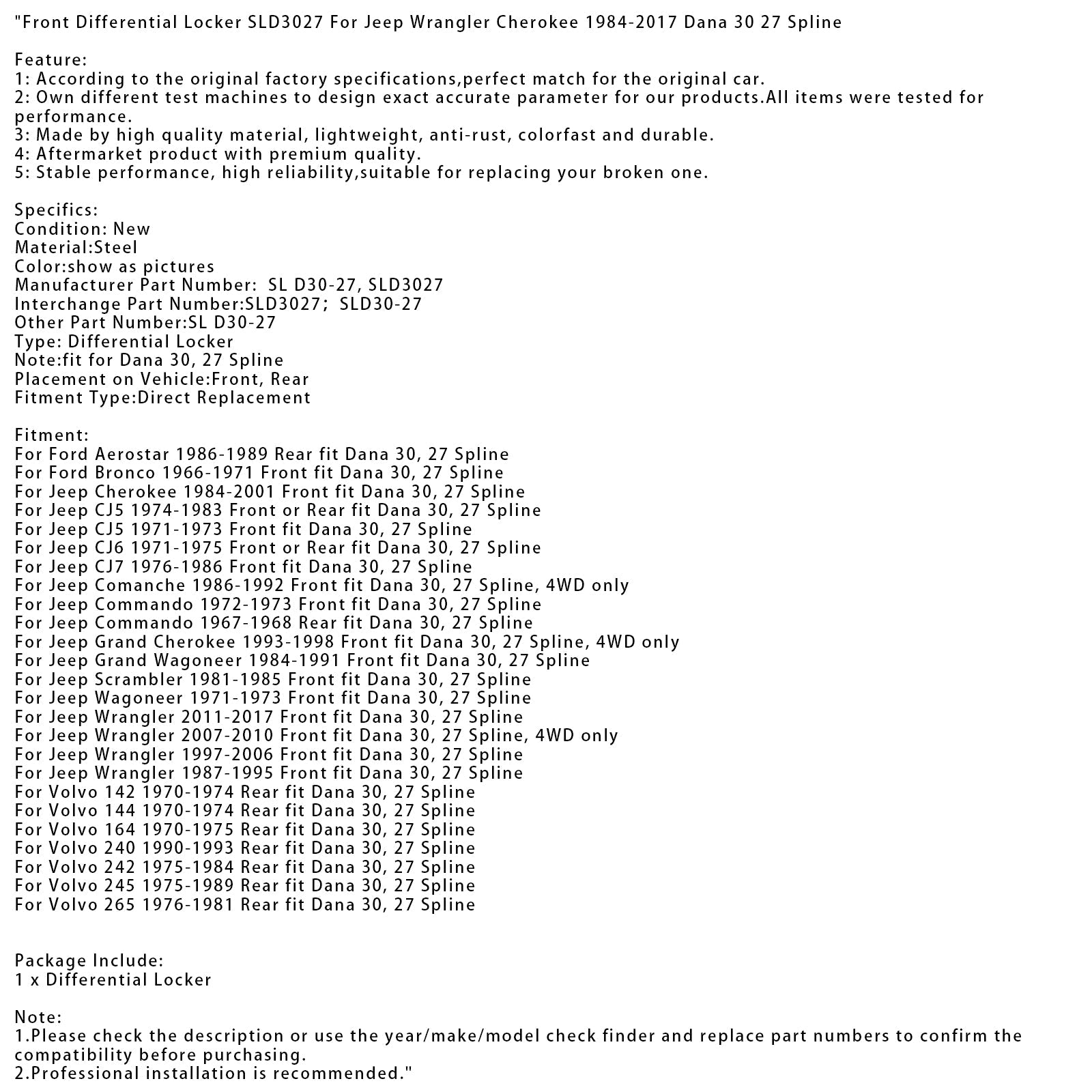 DANA -differentiaali estäminen Dana 30, 27 uraa Volvo 240: lle vuosina 1990-1993 SLD3027