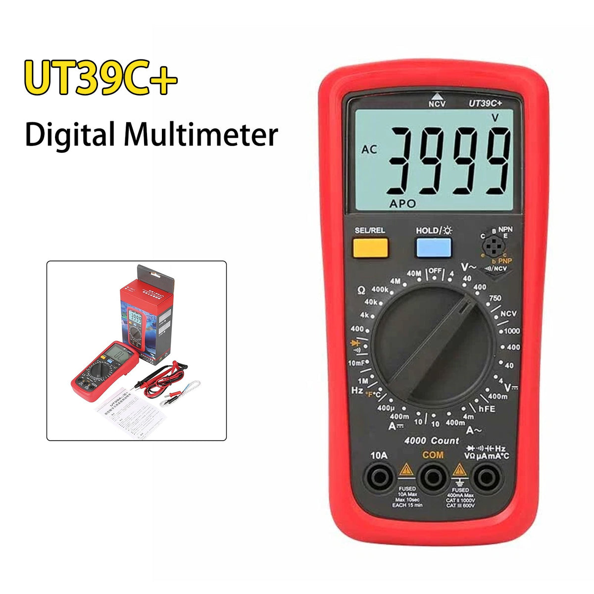 UT39C+ digitale multimeter: AC/DC voltmeter, diode- en condensatortester.