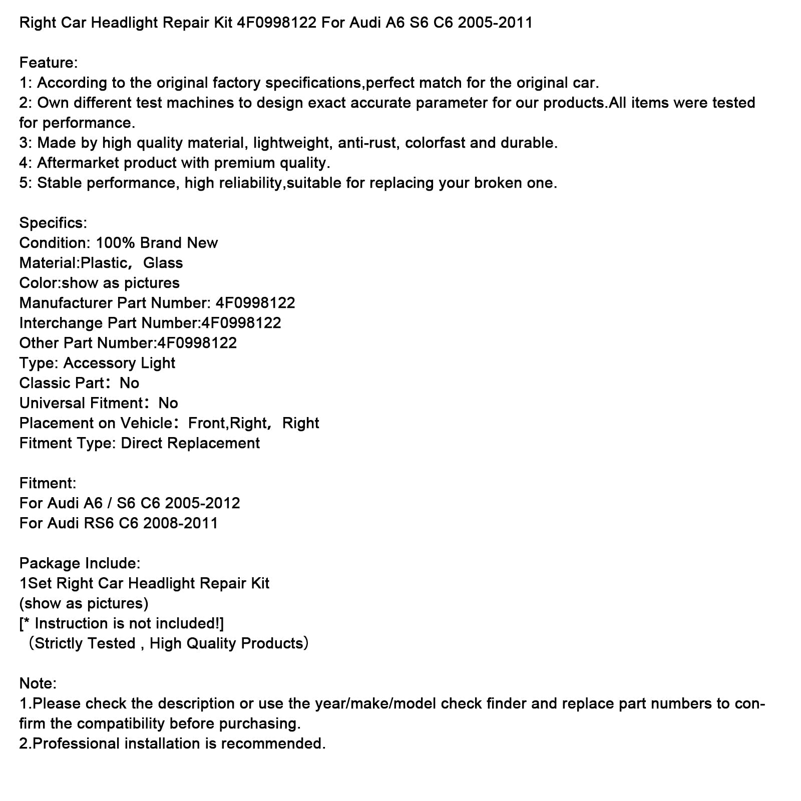 Komplet za popravilo desnega žarometa 4F0998122 za Audi A6 S6 C6 2005-2011