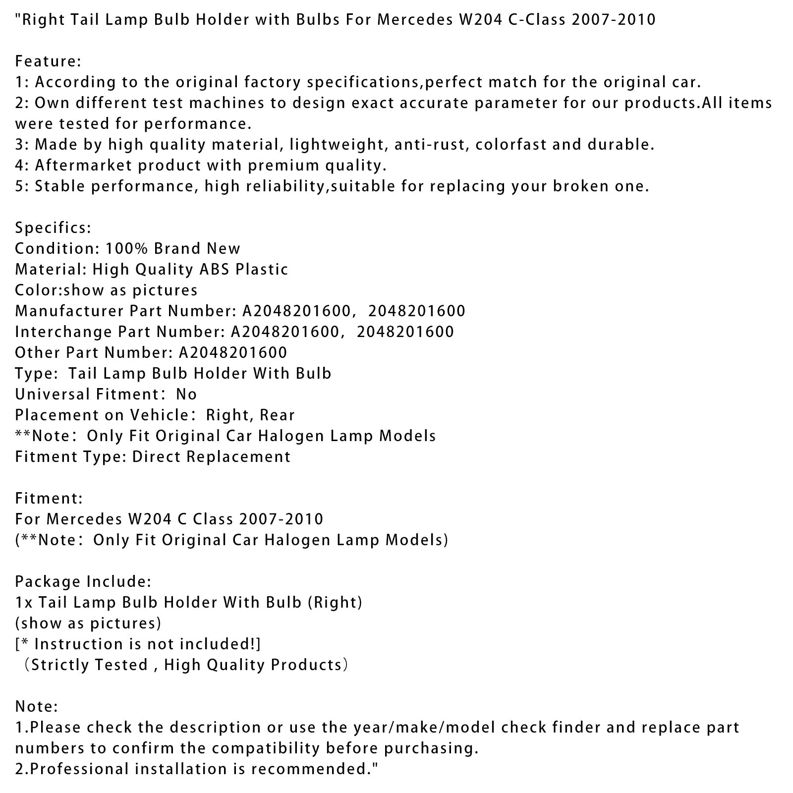 Portalampada posteriore destro con lampadine per Mercedes W204 Classe C 2007-2010