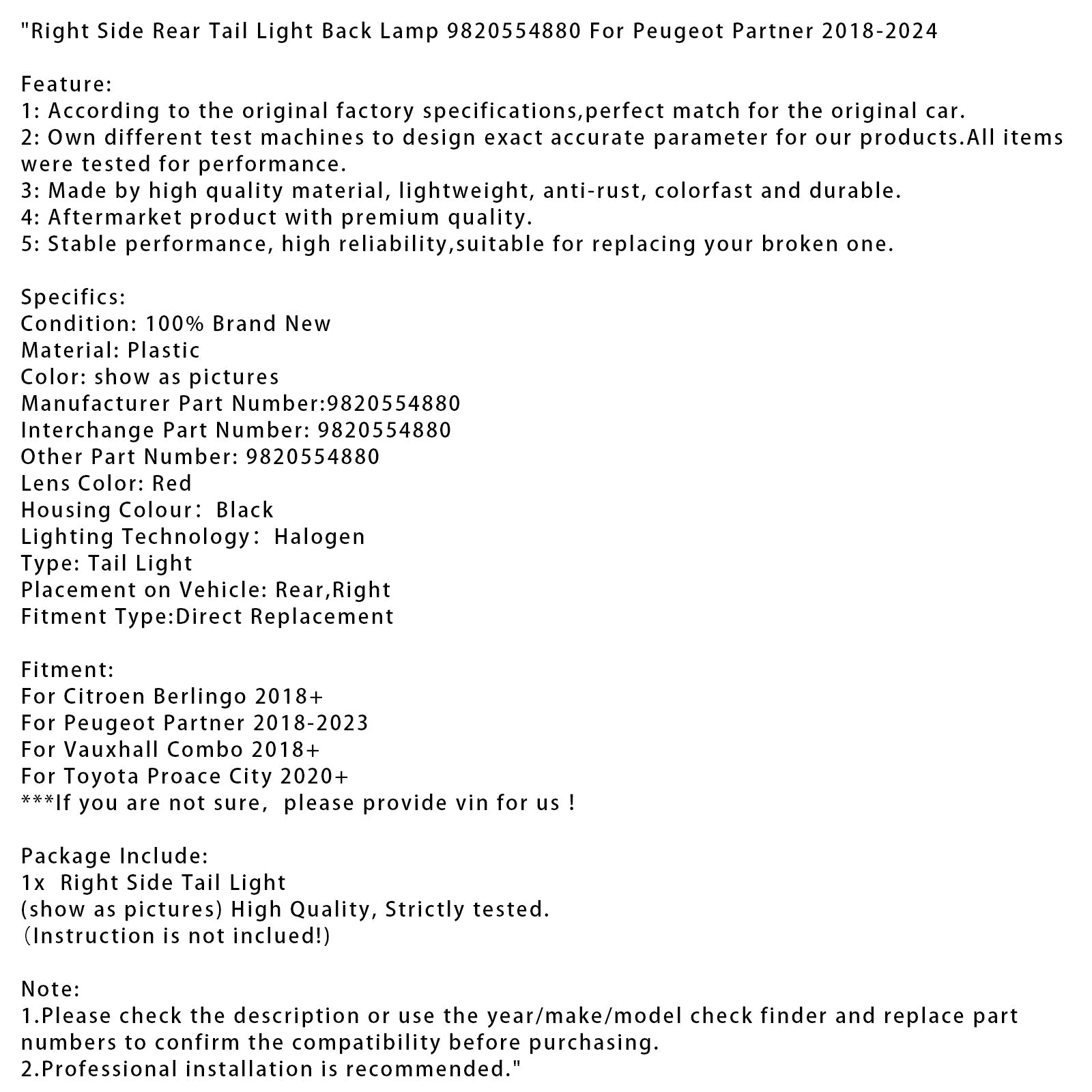 Feu arrière droit 9820554880 pour Peugeot Partner 2018-2024