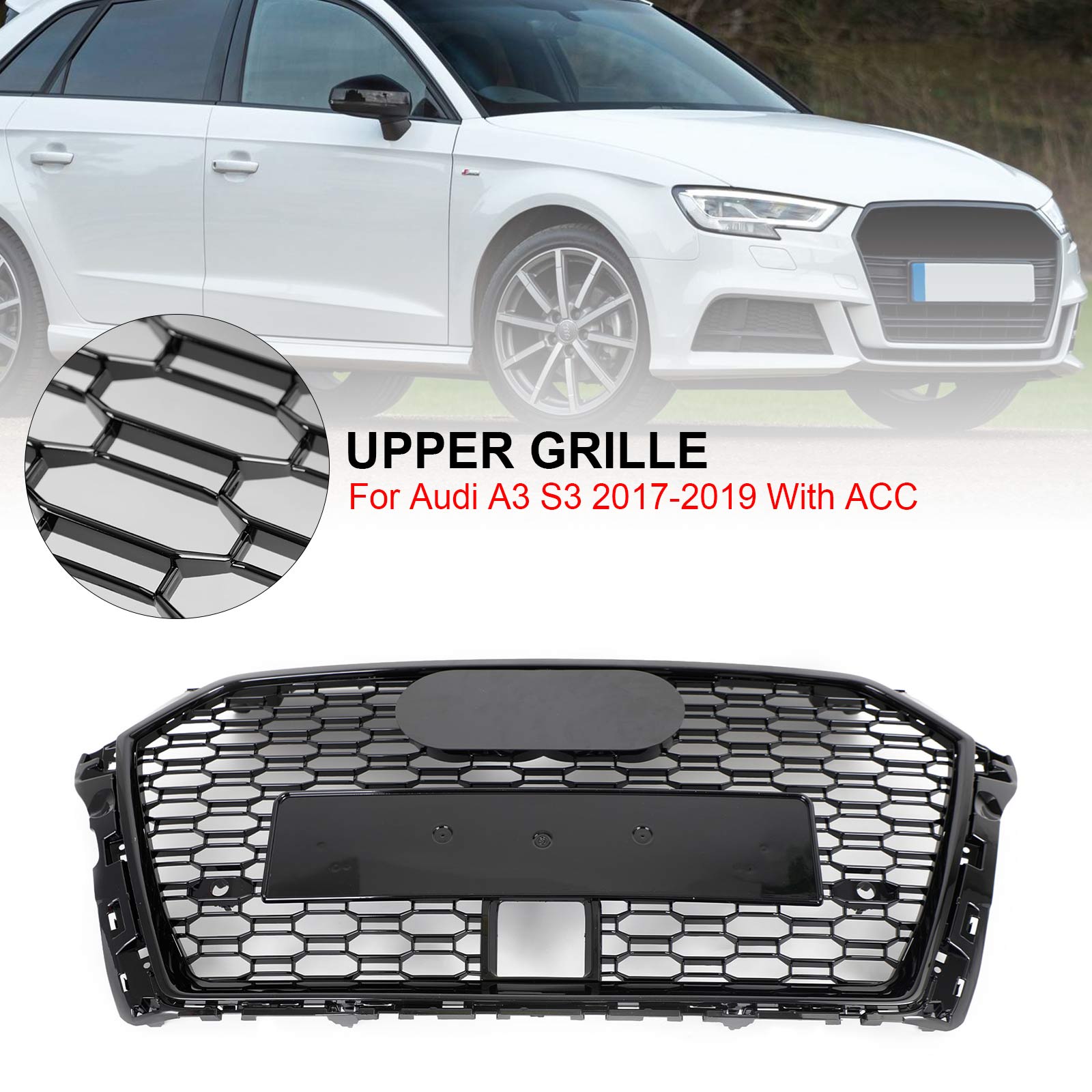 Grille avant style nid d'abeille RS3 pour Audi A3 S3 2017-2019 avec ACC, noir brillant.