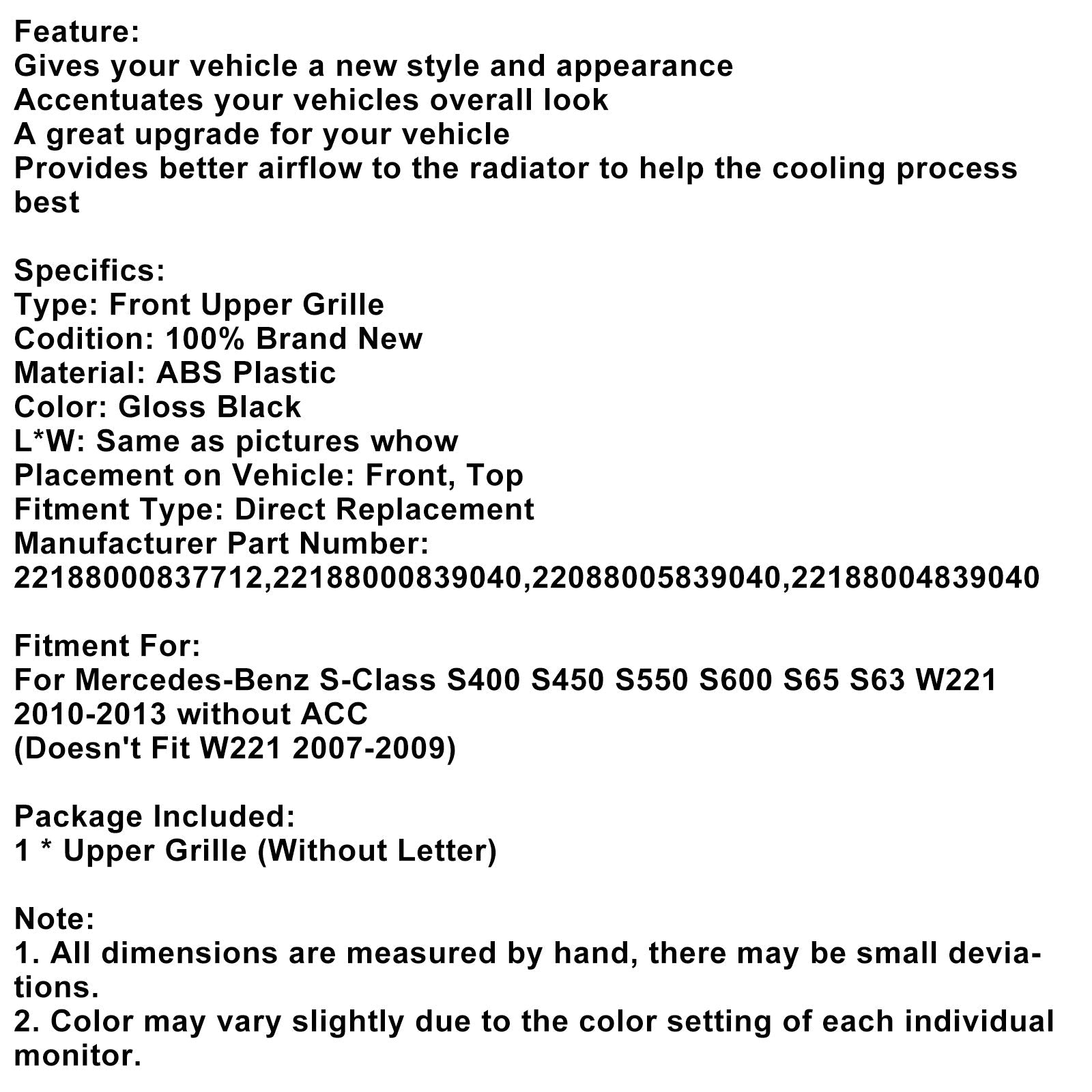 Calandre avant Mercedes Benz Classe S W221 S550 S600 S63 S65 2010-2013