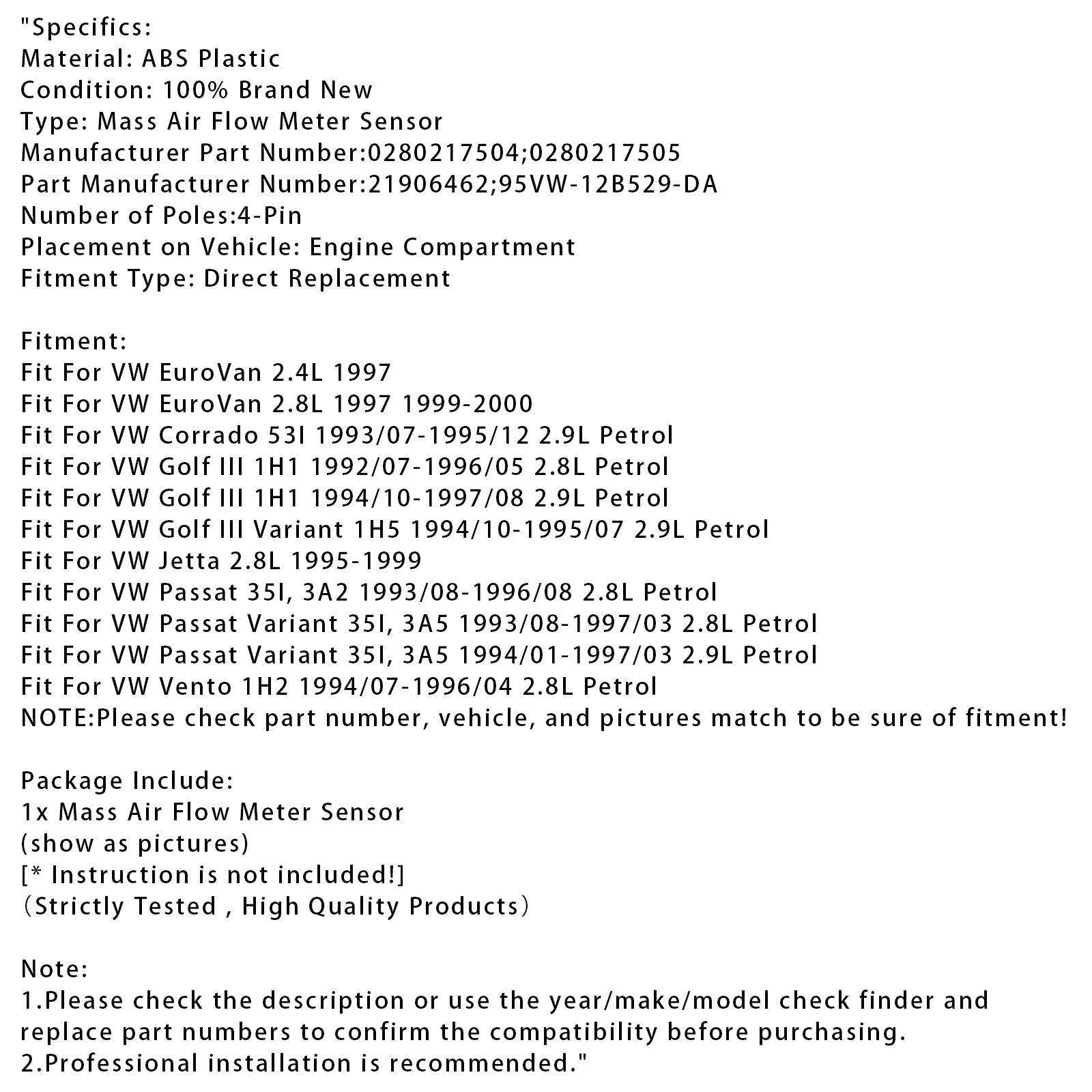 Sensore del misuratore di portata d'massa d'aria per VW Golf III Corrado VR6 0280217504