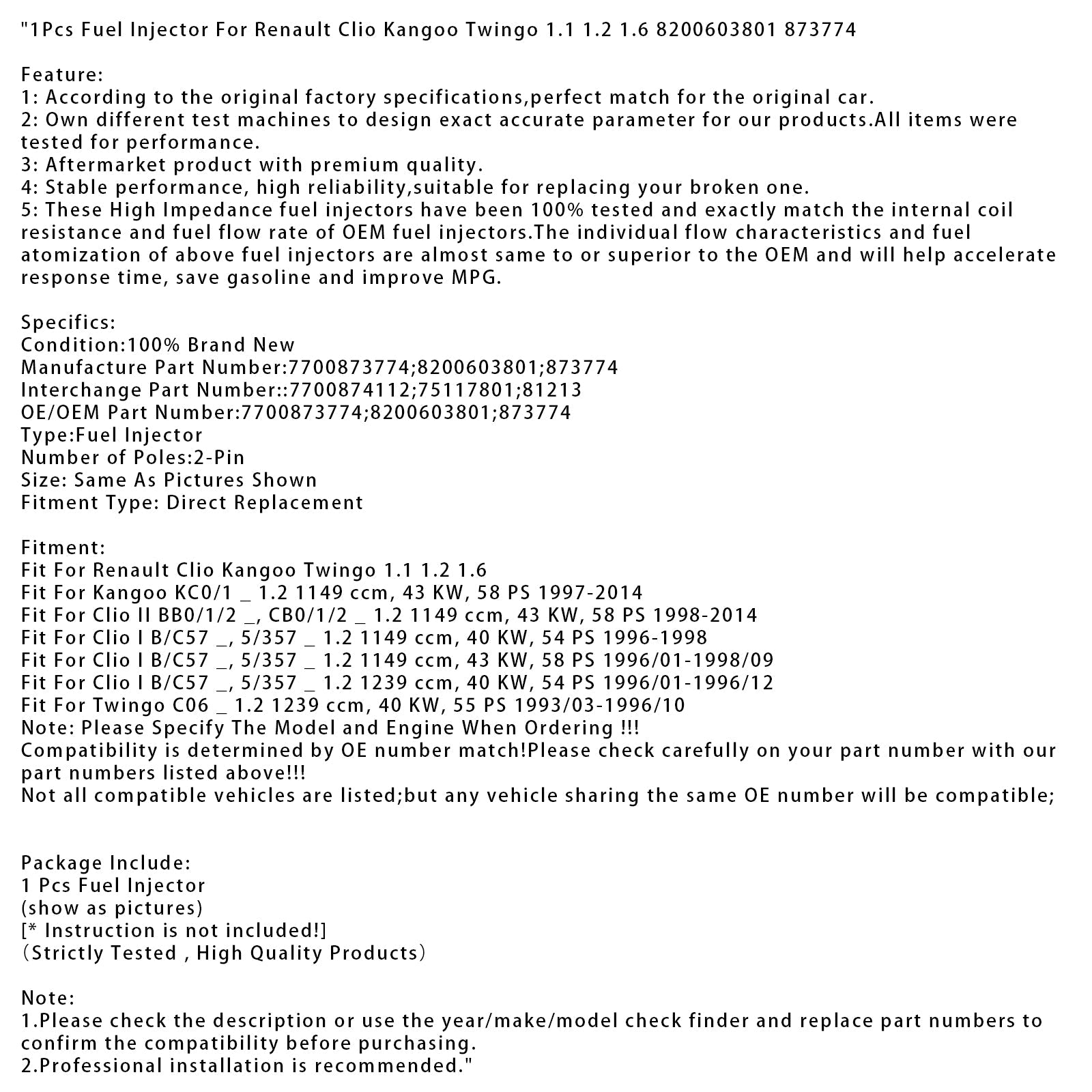 1 injecteur de carburant pour Renault Clio Kangoo Twingo 1.1 1.2 1.6 8200603801 873774