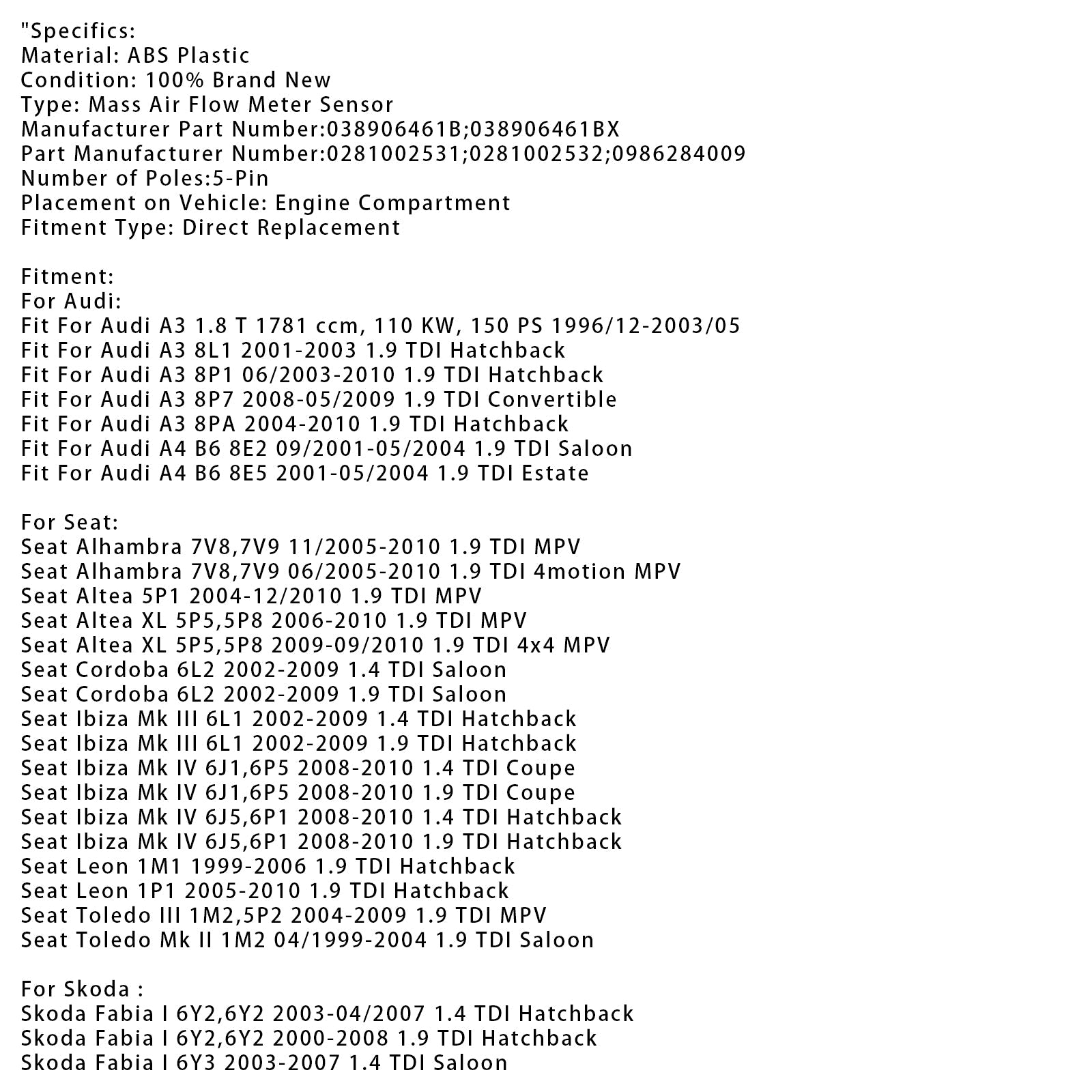 Senzor merilnika pretoka d'zračna masa za Audi A3 VW Golf Octavia 1.9 TDI 0281002531