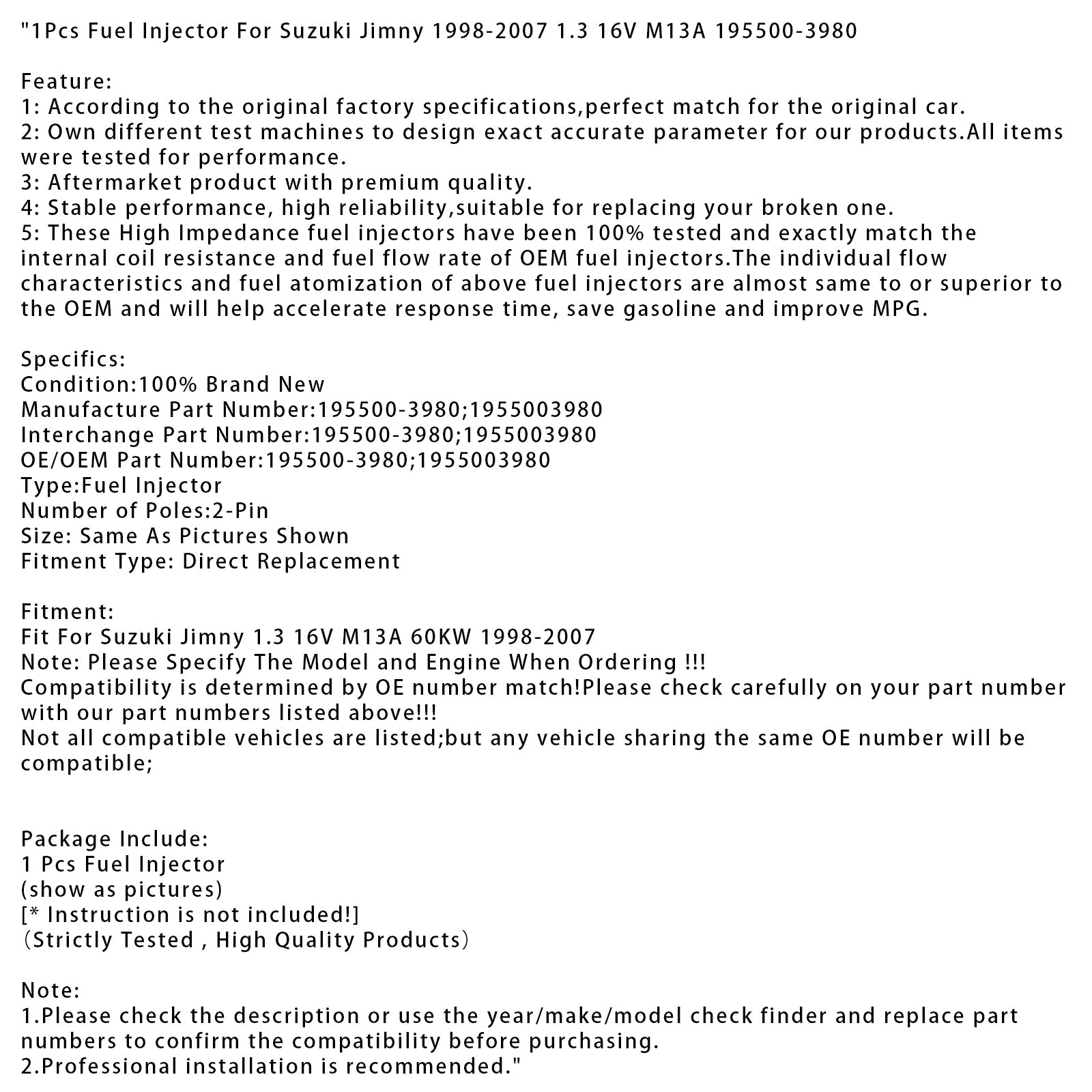 Injecteur de carburant (1 pièce) pour Suzuki Jimny 1.3 16V M13A (1998-2007), référence 195500-3980