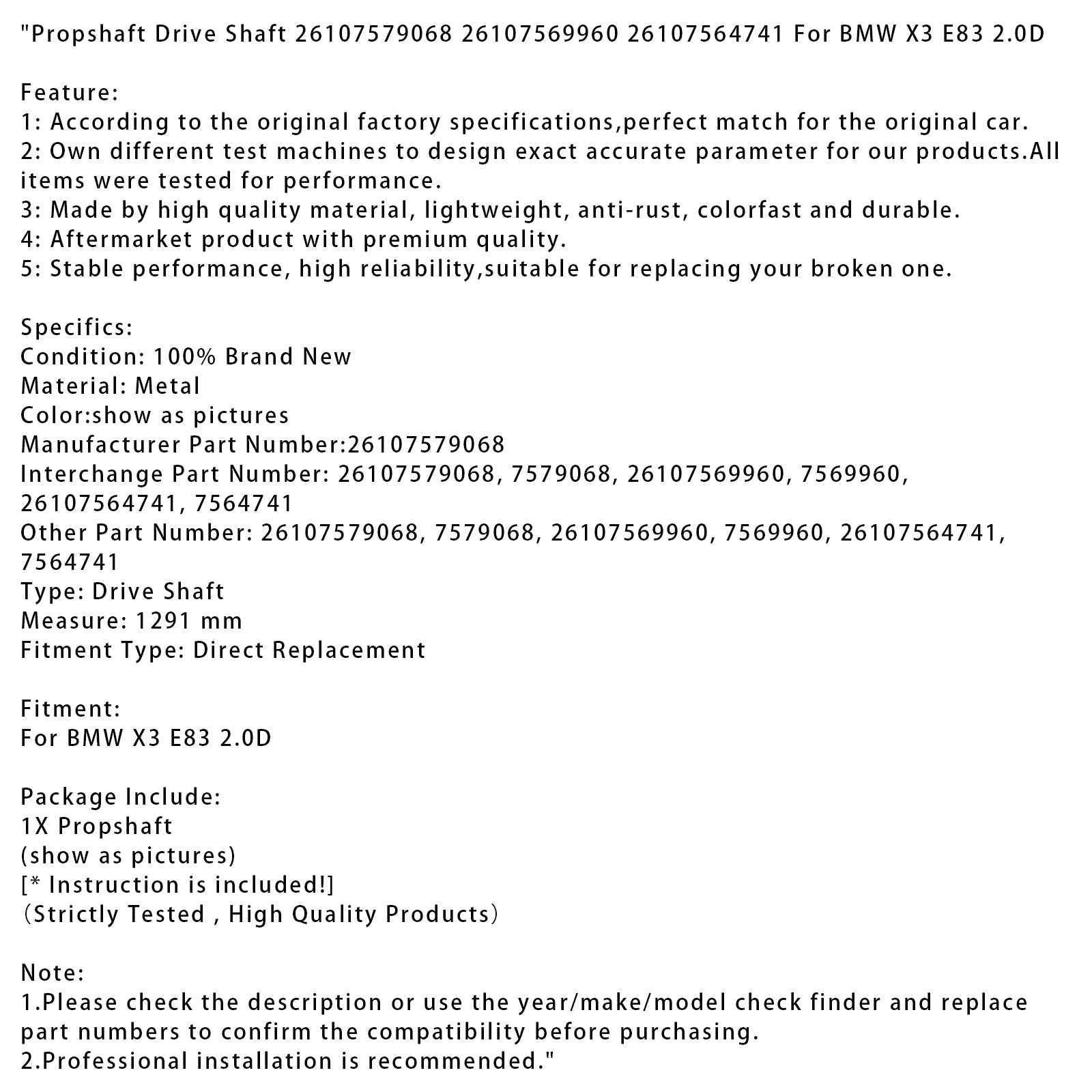 Drevo prenosa za BMW X3 E83 2.0D 26107579068 26107569960 26107564741