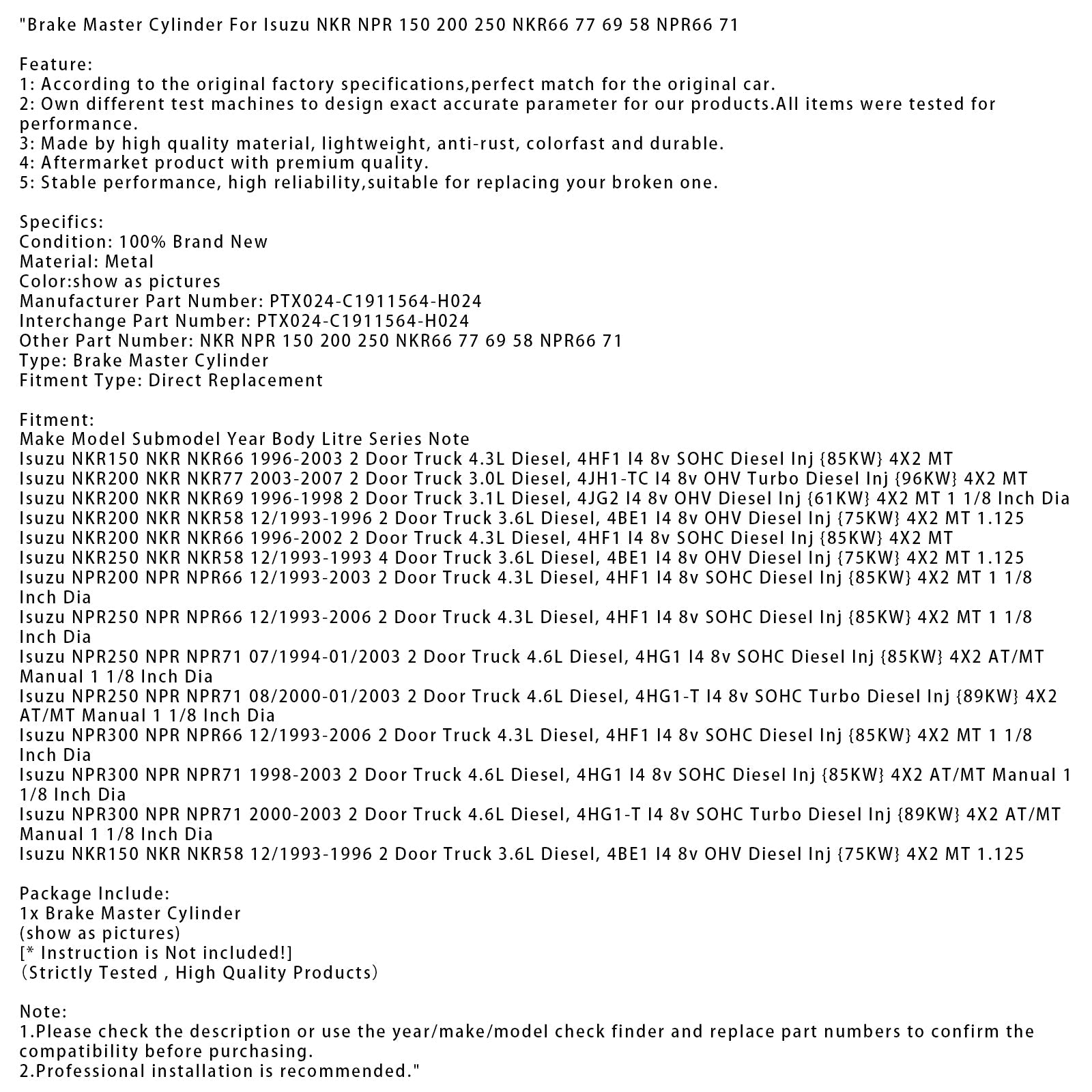 4.3L Diesel Hoofdremcilinder voor Isuzu NPR250 NPR NPR66 2-deurs vrachtwagen (12/1993-2006) PTX024-C1911564-H024 NKR66