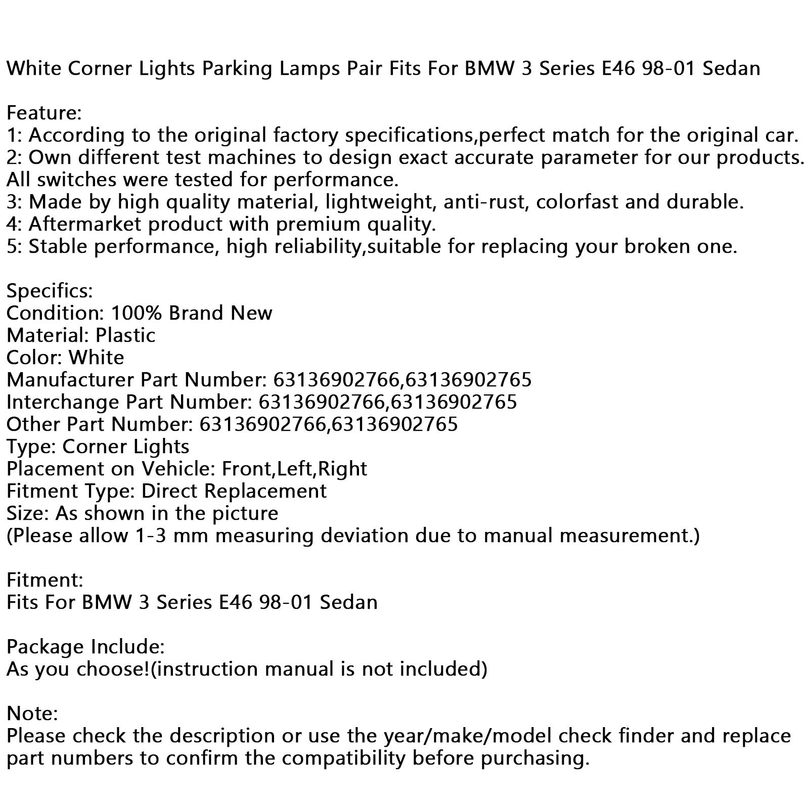 Par zadnjih luči&Beli stranski vogali za BMW serije 3 E46 limuzina 1998-2001 63136902766