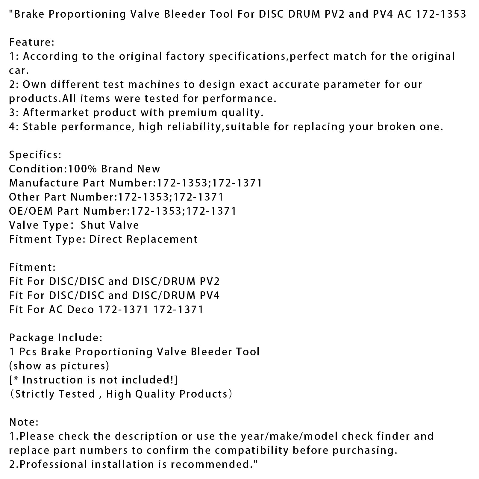 Outil de purge de valve de répartition de freinage pour freins à disque et tambour PV2 et PV4 AC 172-1353