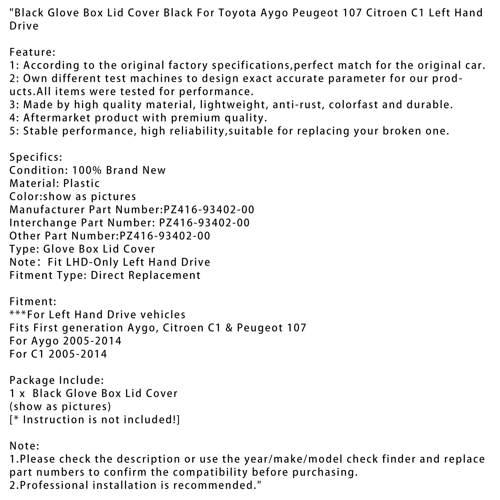 Tapa de guantera negra para Toyota Aygo Peugeot 107 Citroen C1 ES