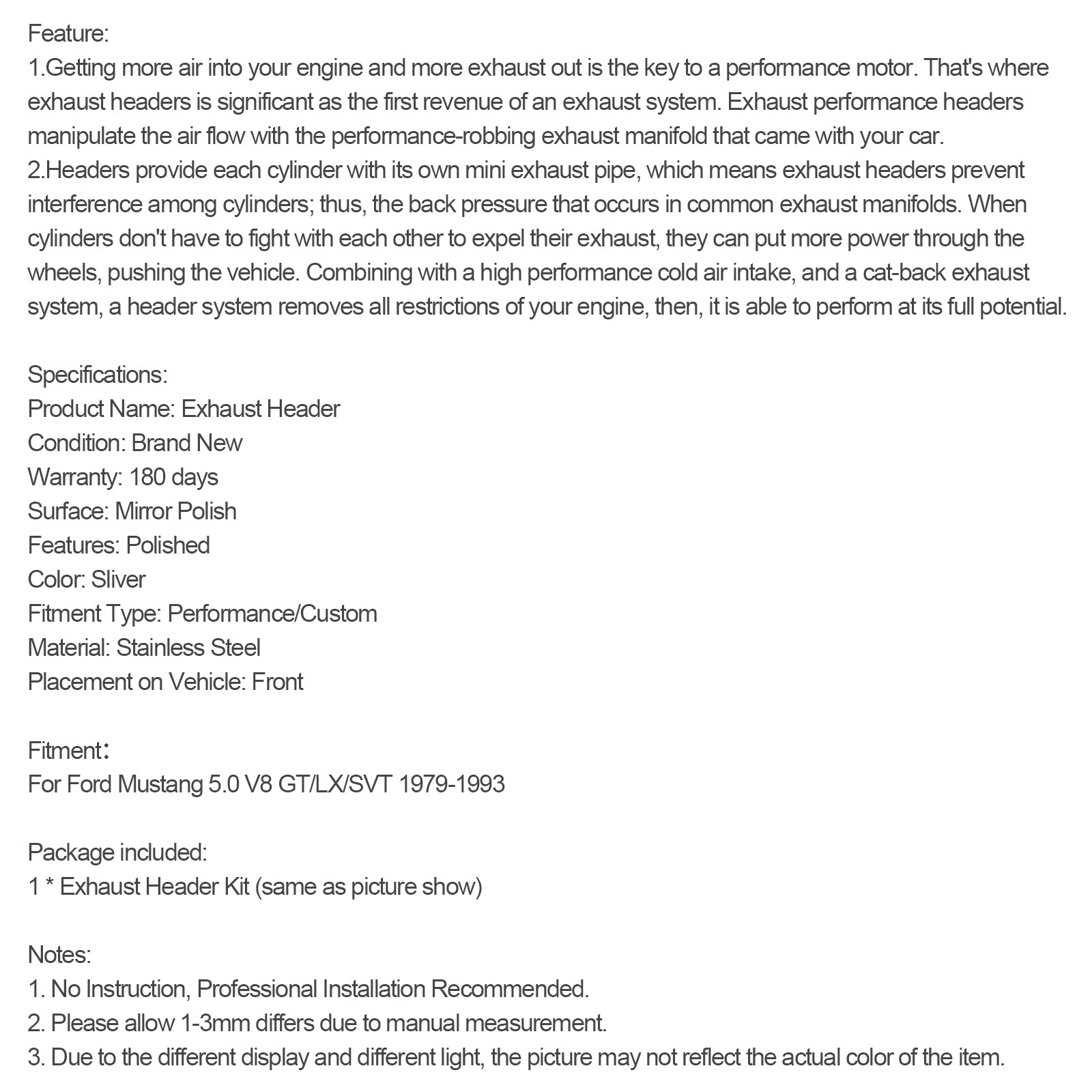 Kolektor wydechowy ze stali nierdzewnej do Forda Mustanga 5.0 V8 GT/LX/SVT (1979-1993)