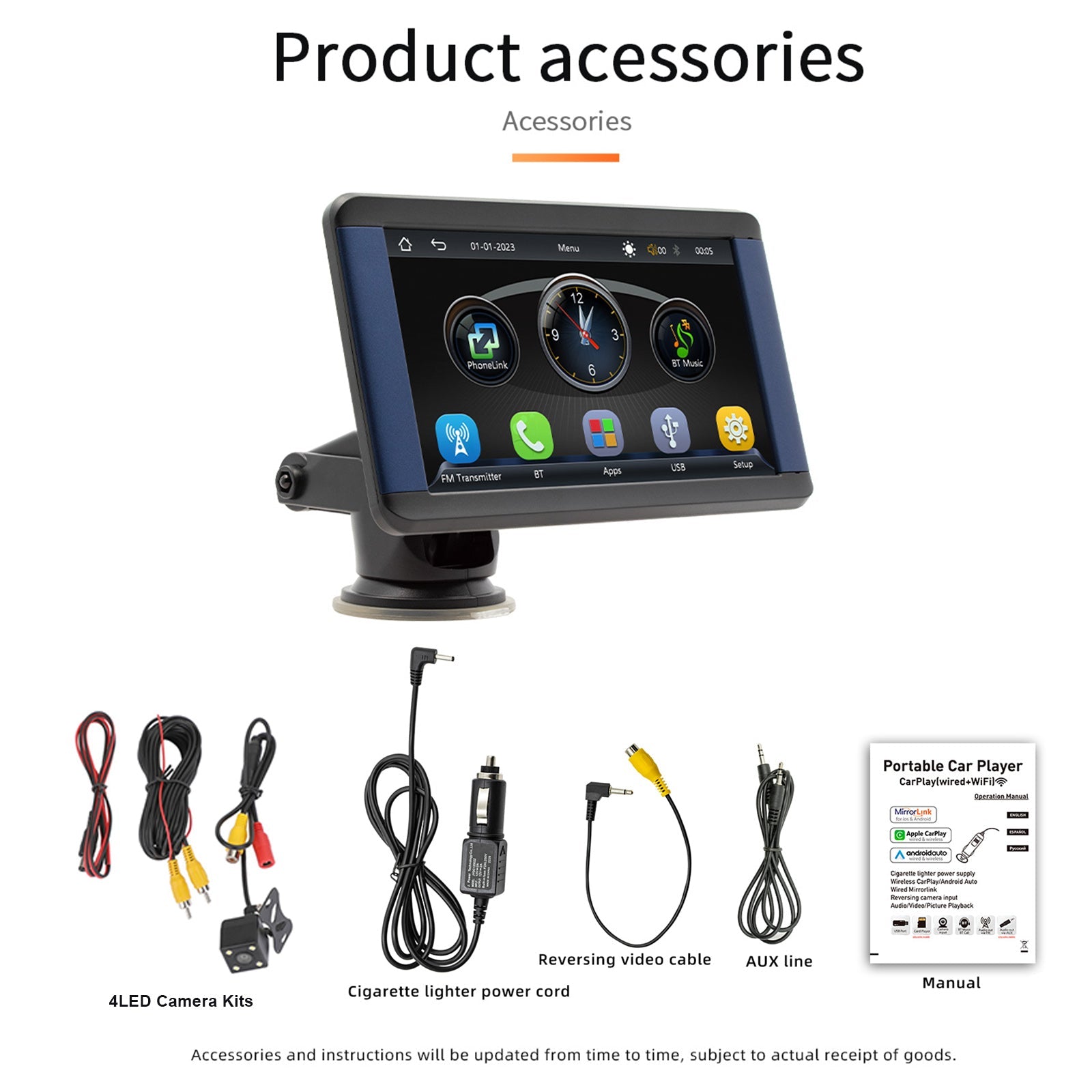 Lettore MP5 per auto portatile da 7 pollici Monitor Bluetooth Carplay wireless + 4 fotocamere LED