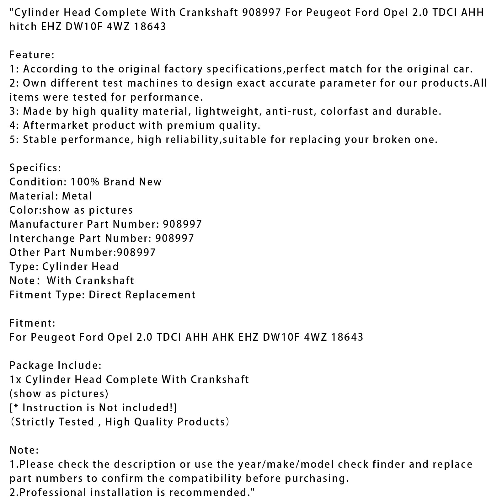 Peugeot Opel 2.0 TDCI AHH EHZ D-koppelingW10F 4WZ Cilinderkop 908997 18643