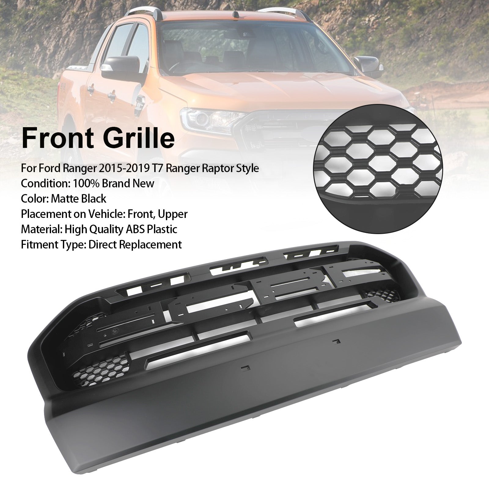 Grille de pare-chocs avant de style Ford Ranger T7 Ranger Raptor 2015-2019, noir mat