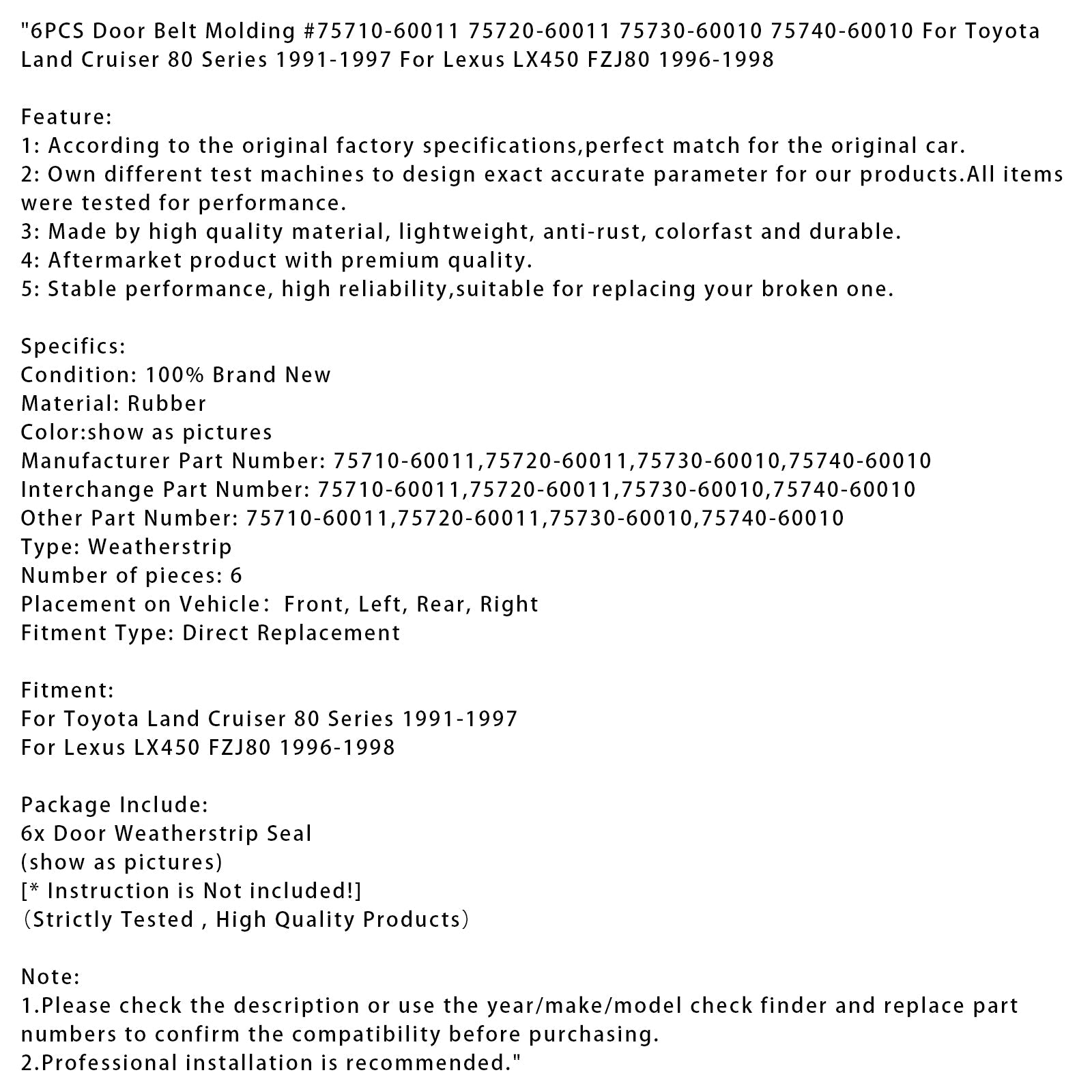Deurlijstbekleding (6 stuks) voor Lexus LX450 FZJ80 (1996-1998) - Onderdeelnummers 75710-60011 en 75720-60011