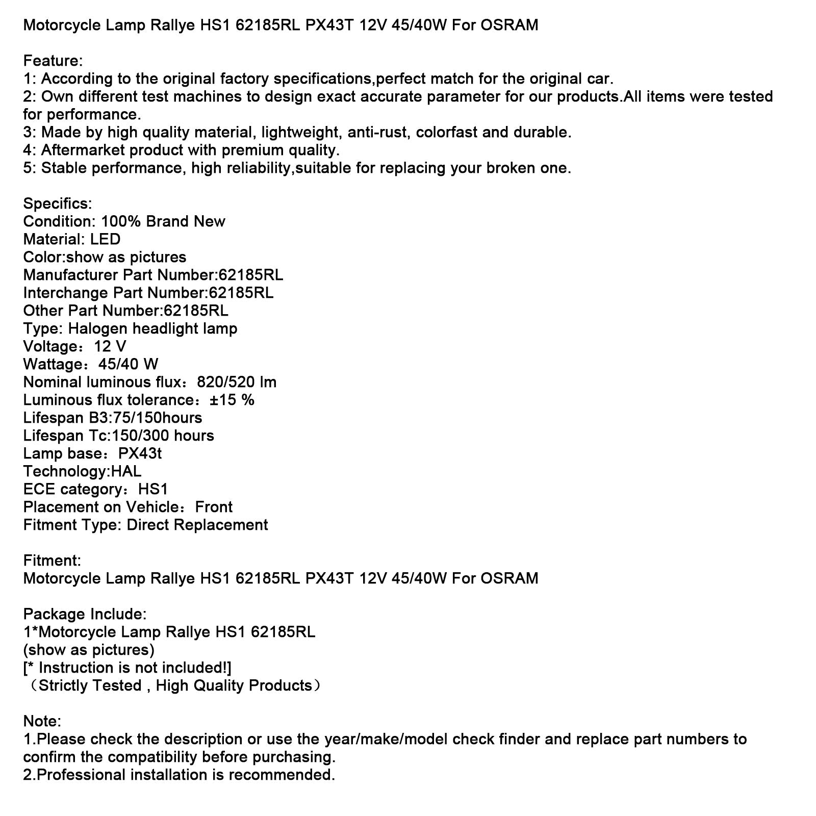 Motorfietsbrandrally HS1 62185RL PX43T 12 V 45/40 W voor Osram