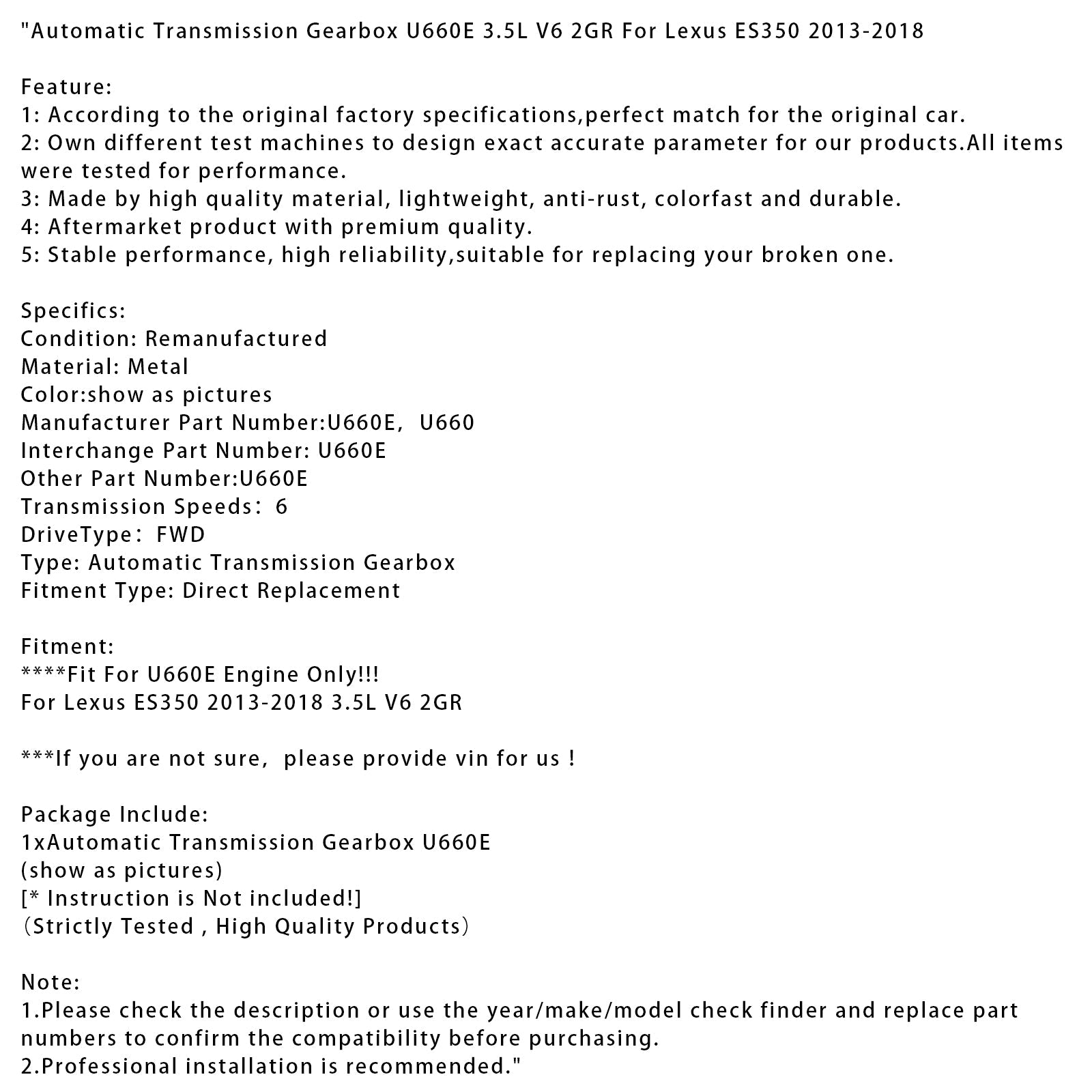 Boîte de vitesses automatique U660E 3.5L V6 2GR pour Lexus ES350 (2013-2018)