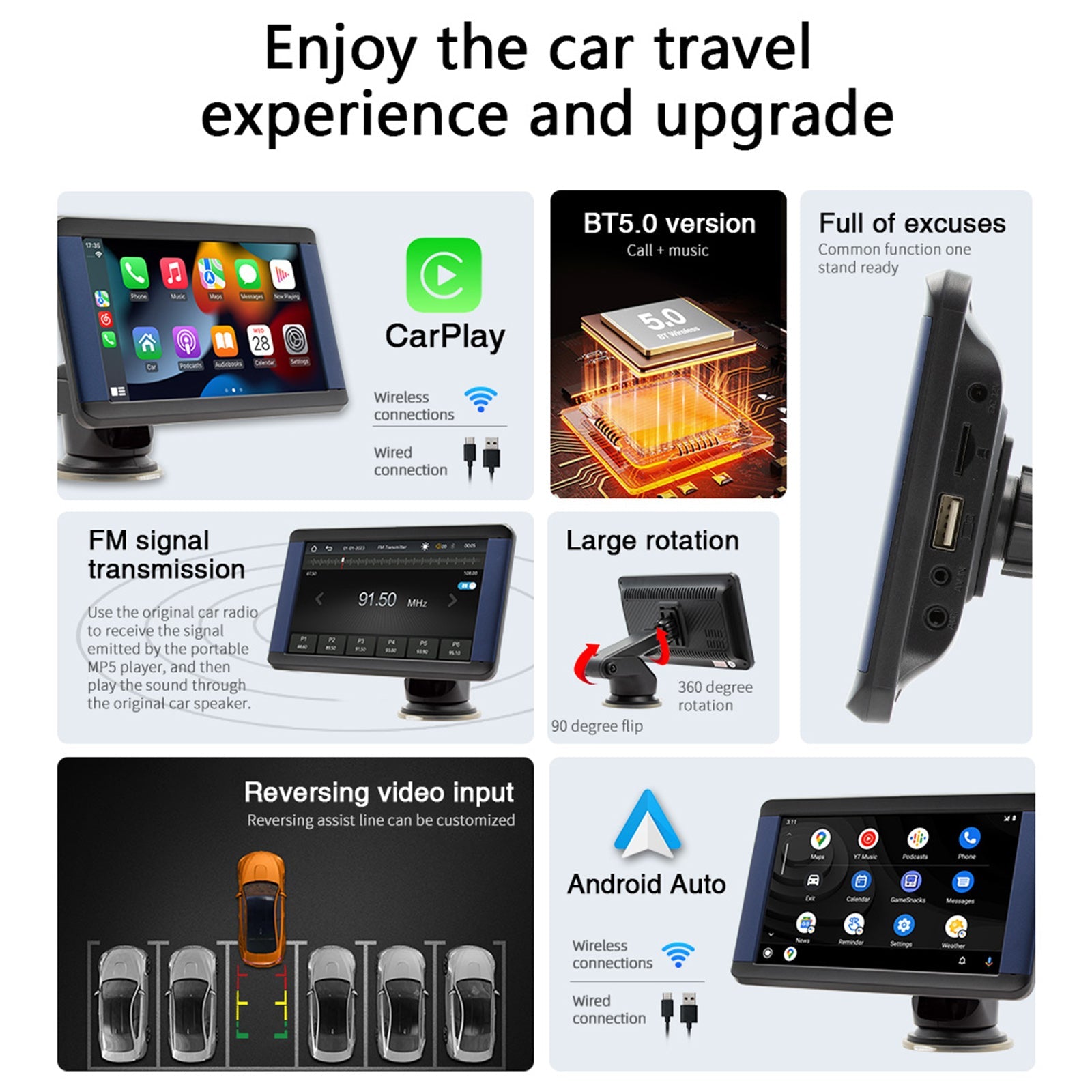 Reproductor MP5 portátil para coche de 7 pulgadas Monitor Bluetooth Carplay inalámbrico + 4 cámaras LED