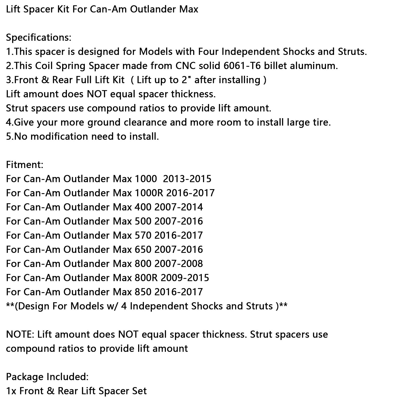 Kit d'entretoises de levage pour Can-Am Outlander Max 1000/1000R/400/500/570/650/800/850