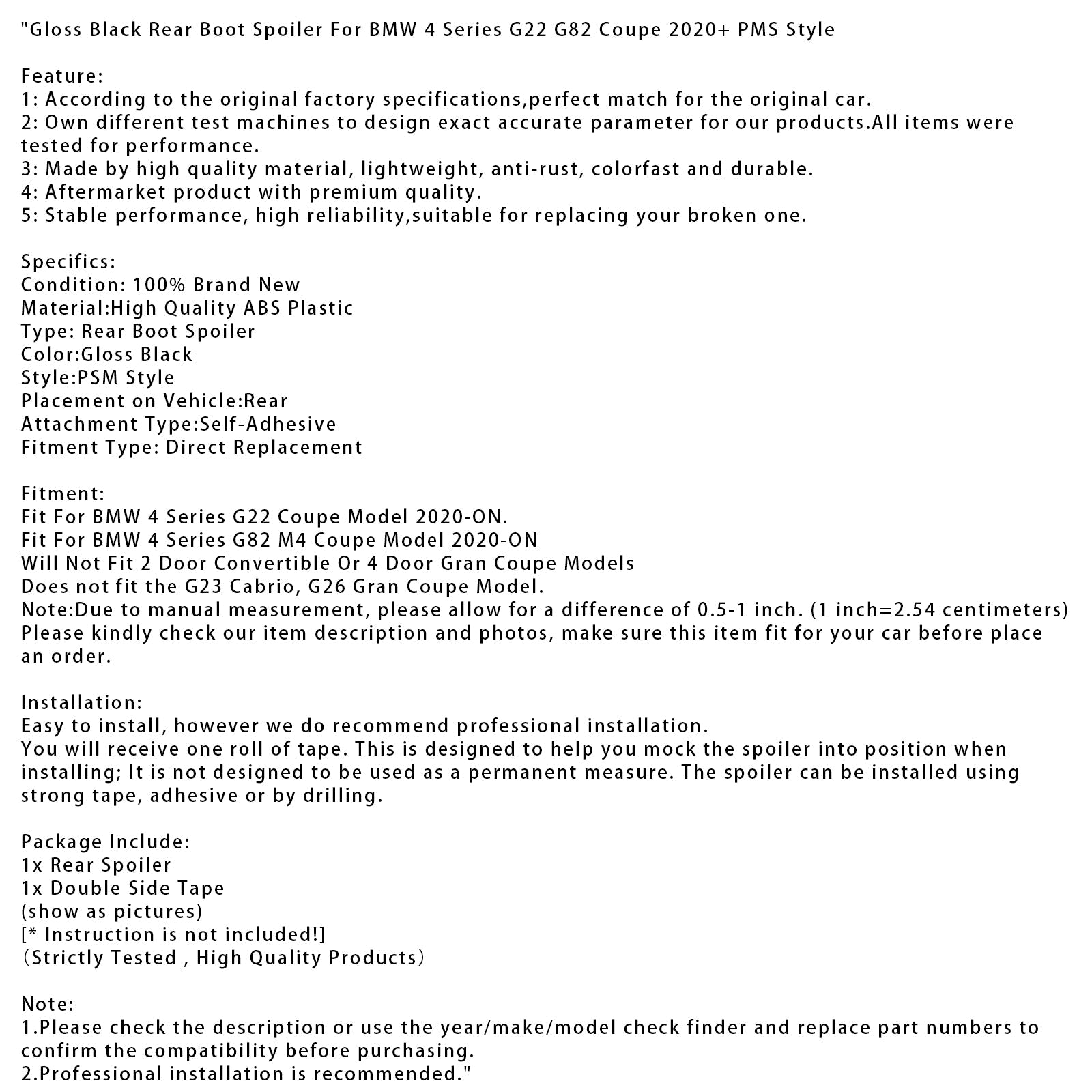 Spoiler posteriore stile PMS nero lucido per BMW Serie 4 Coupé G22 G82 (dal 2020)