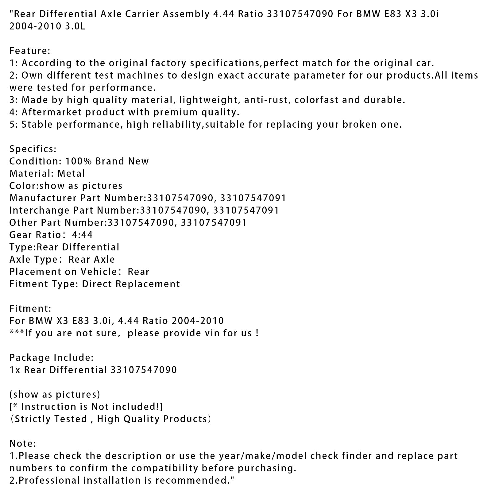 Support d'essieu différentiel arrière BMW E83 X3 3.0i 2004-2010, rapport 4,44 33107547090