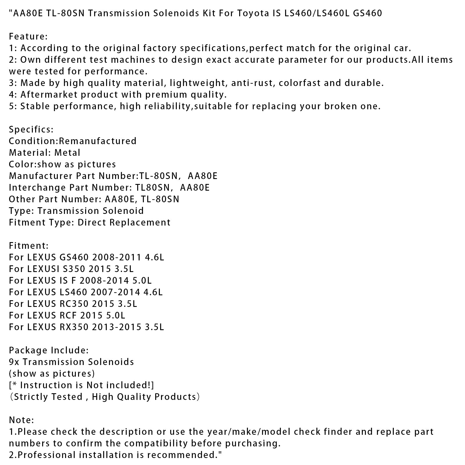 Zestaw elektrozaworów skrzyni biegów do Lexusa LS460 4.6L AA80E TL-80SN (2007-2014)