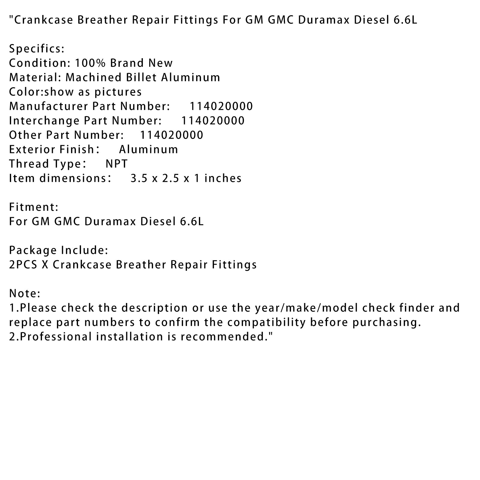 Raccords de réparation de reniflard de carter GM GMC Duramax Diesel 6,6 L